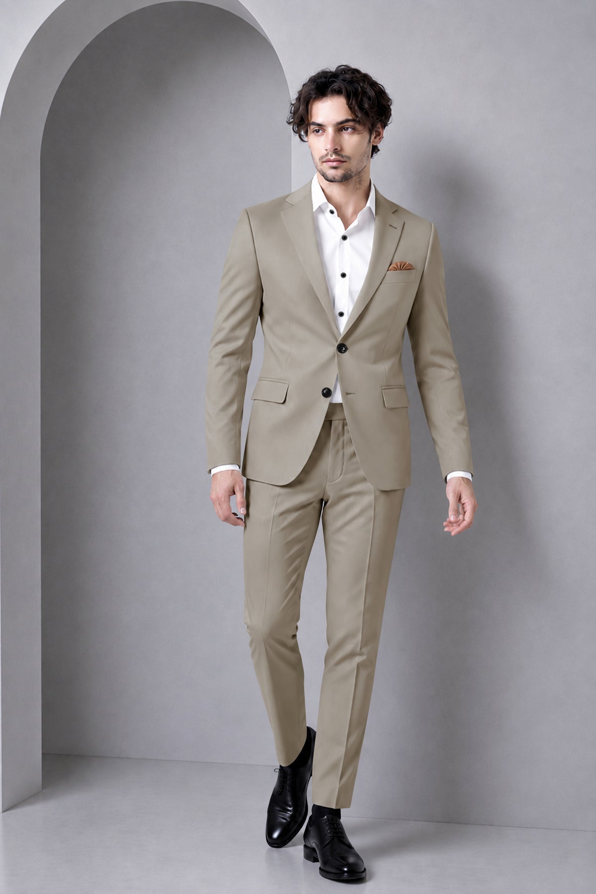 Mavren-Taupe Brown Diamond Textured Wool Rich Slight Stretch Single Breasted Suit
