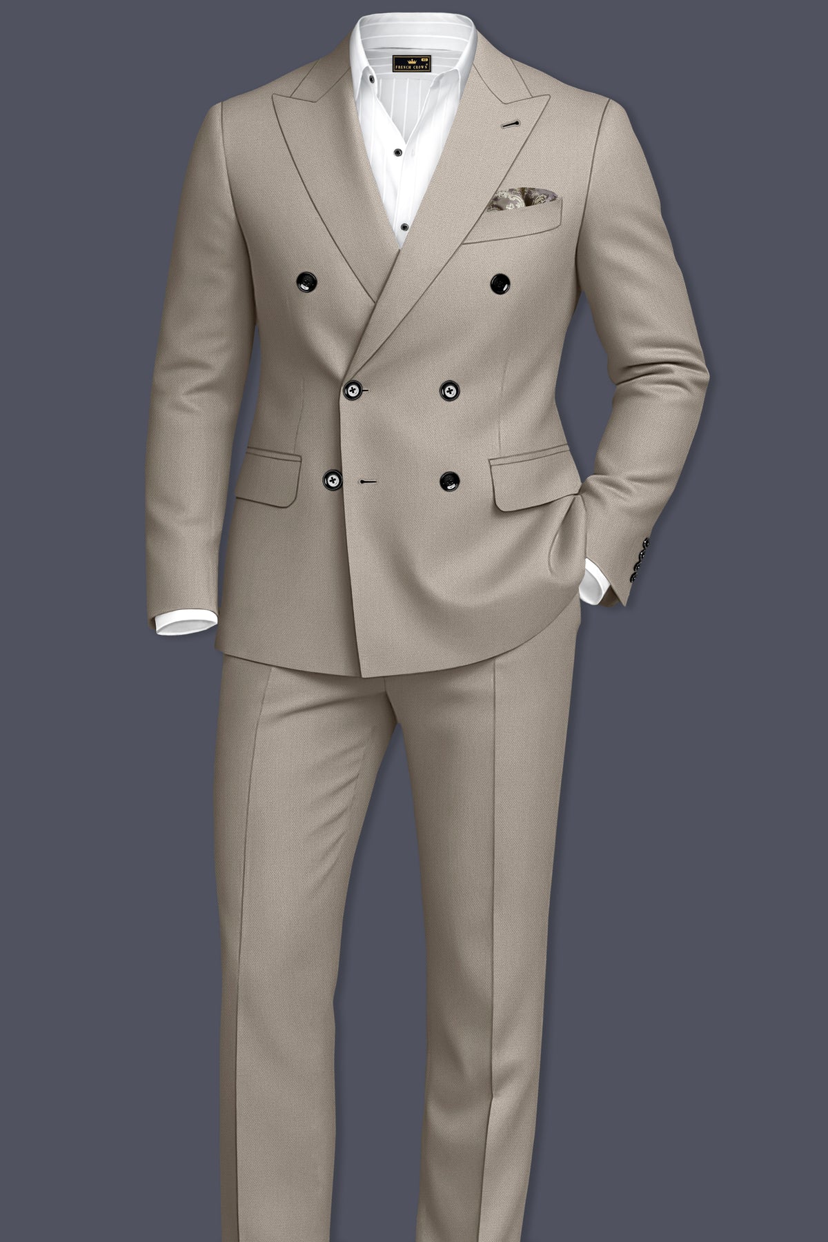 Mavren-Taupe Brown Diamond Textured Wool Rich Slight Stretch Double Breasted Suit