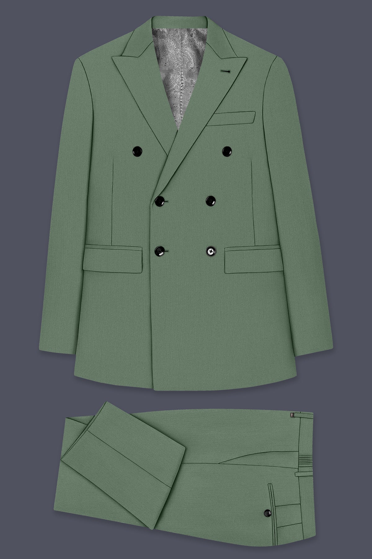 Avon-Glade Green Diamond Textured Wool Rich Slight Stretch Double Breasted Suit