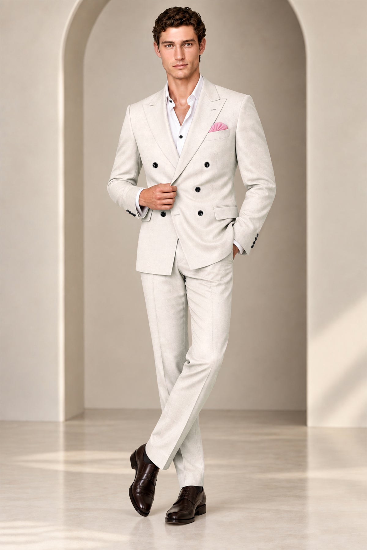 Dorian-Gainsboro Gray Diamond Textured Wool Rich Slight Stretch Double Breasted Suit