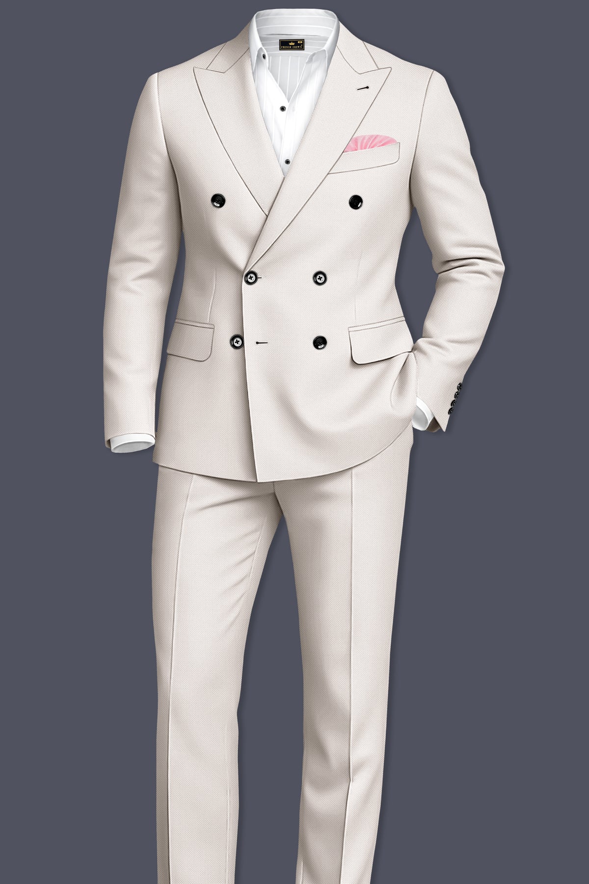 Dorian-Gainsboro Gray Diamond Textured Wool Rich Slight Stretch Double Breasted Suit