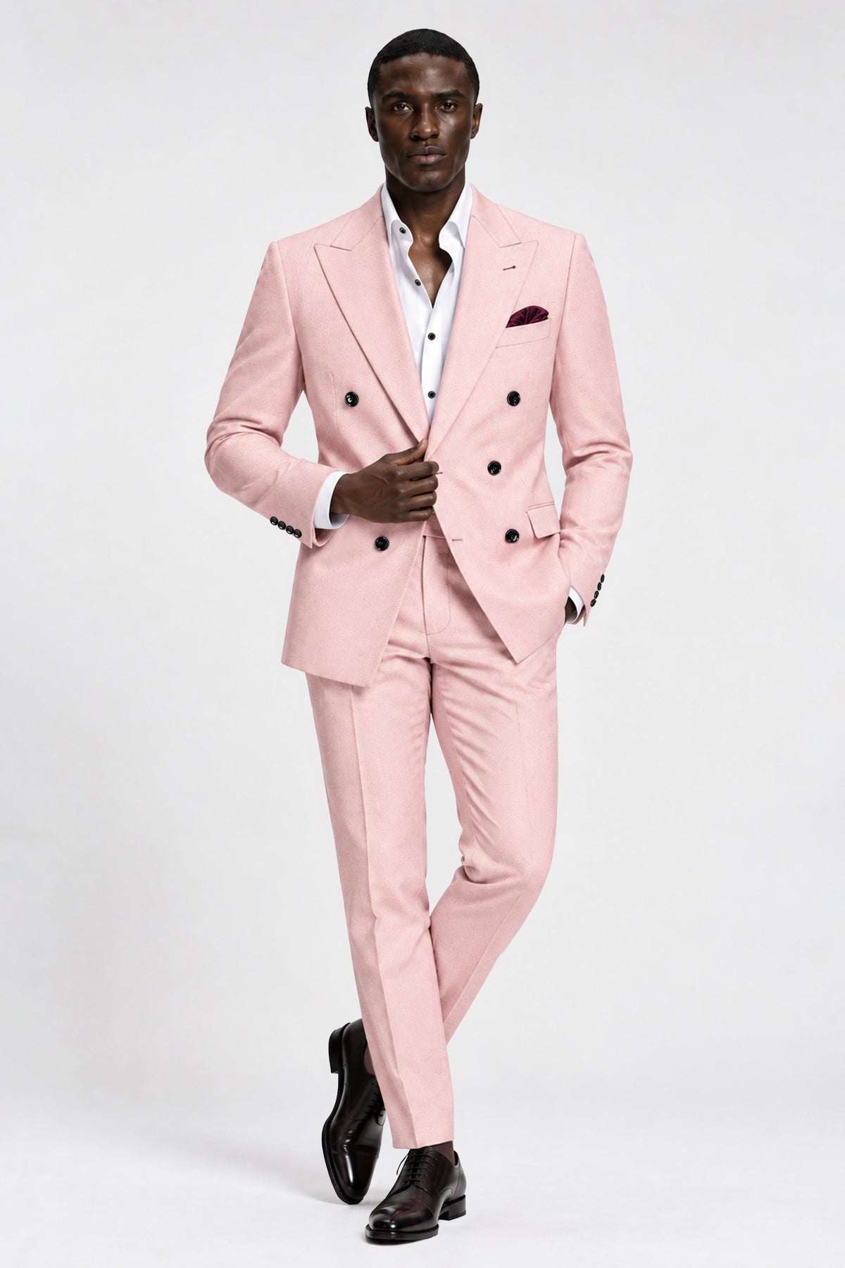 Blush-Cosmos Pink Diamond Textured Wool Rich Slight Stretch Double Breasted Suit