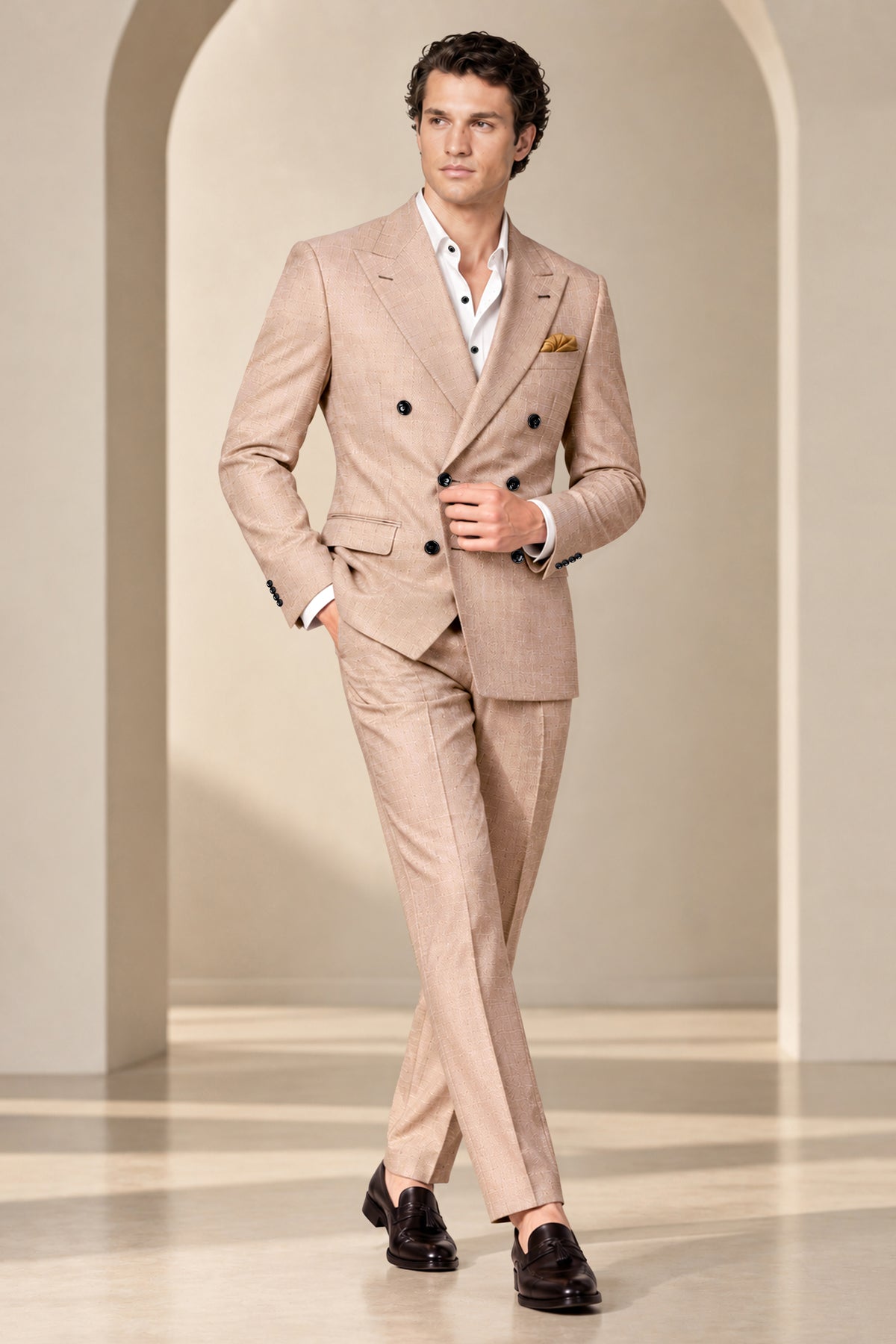 Terrano-Rodeo Brown Diamond Textured Wool Rich Slight Stretch Double Breasted Suit
