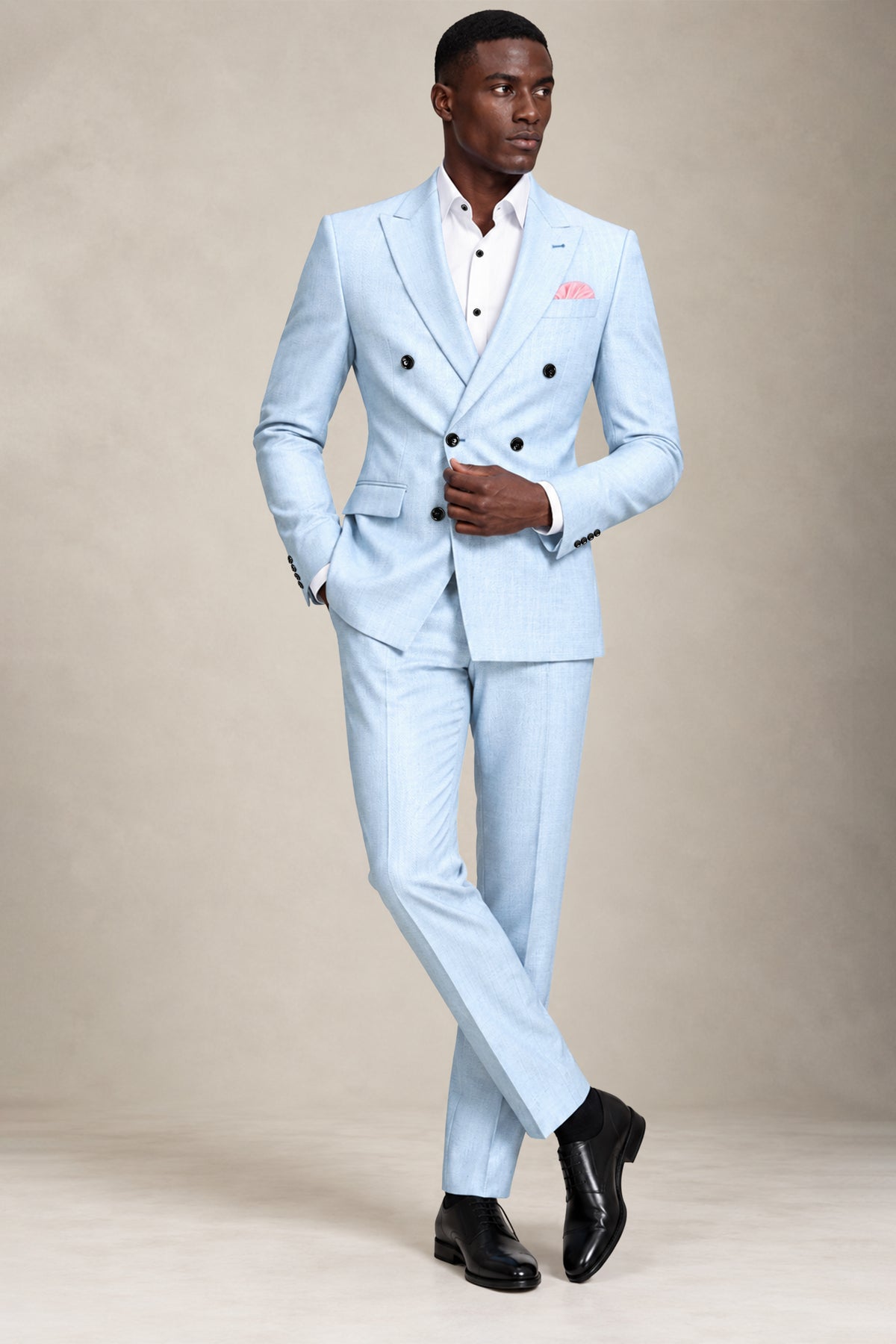 Azure-Hawkes Blue Diamond Textured Wool Rich Slight Stretch Double Breasted Suit