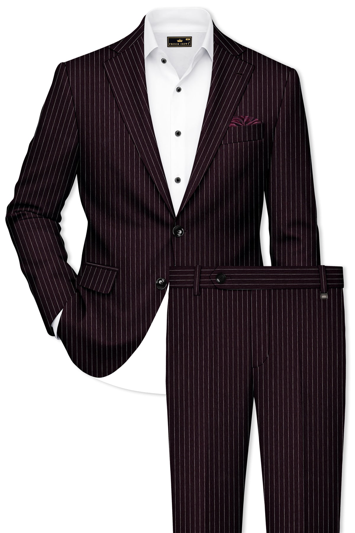 Vesper-Gondola Maroon Chalk Striped Wool Rich Wrinkle-Free Fluid Drape Fabric Single Breasted Suit
