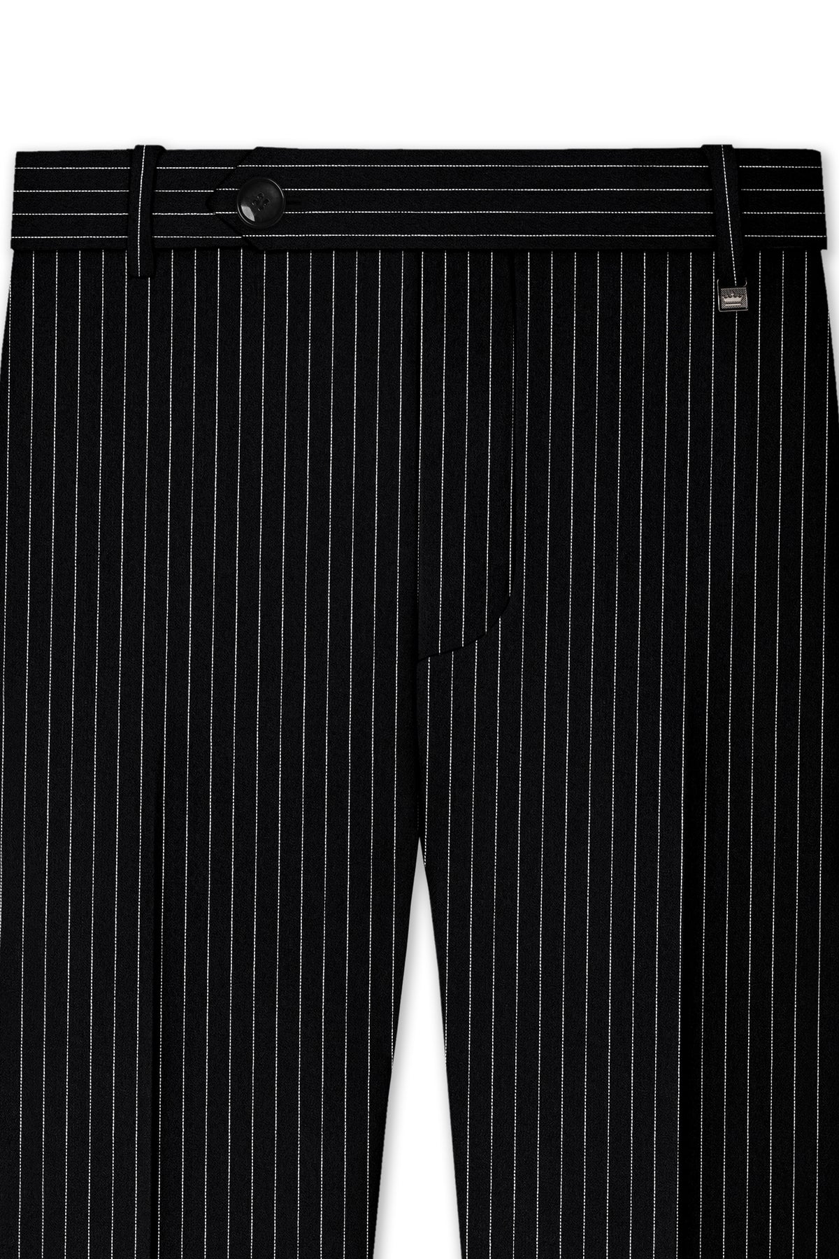 Noble-Jade Black Chalk Striped Wool Rich Wrinkle-Free Fluid Drape Fabric Single Breasted Suit