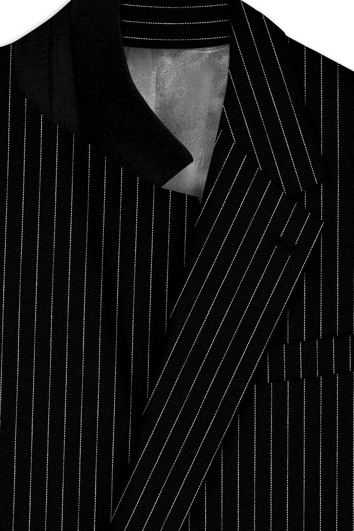 Noble-Jade Black Chalk Striped Wool Rich Wrinkle-Free Fluid Drape Fabric Single Breasted Suit