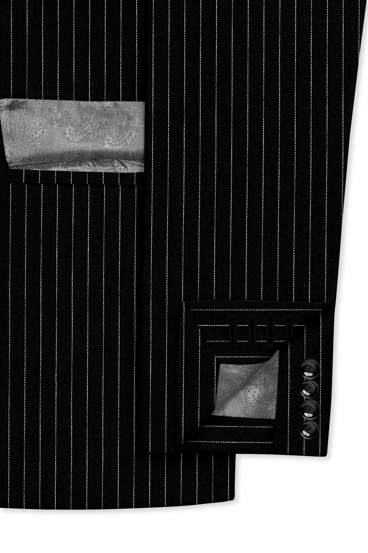 Noble-Jade Black Chalk Striped Wool Rich Wrinkle-Free Fluid Drape Fabric Single Breasted Suit