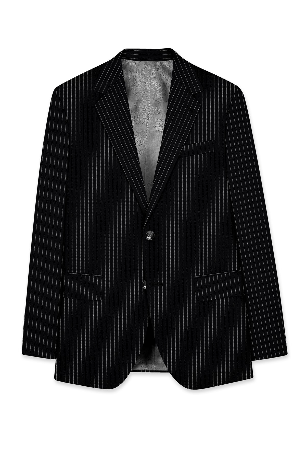 Noble-Jade Black Chalk Striped Wool Rich Wrinkle-Free Fluid Drape Fabric Single Breasted Suit