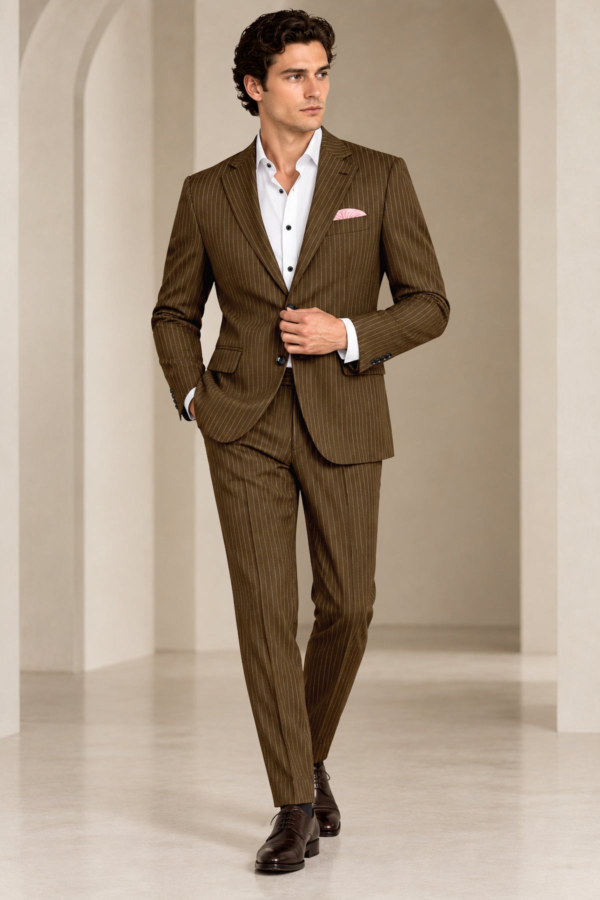 Sable-Antique Brown Chalk Striped Wool Rich Wrinkle-Free Fluid Drape Fabric Single Breasted Suit