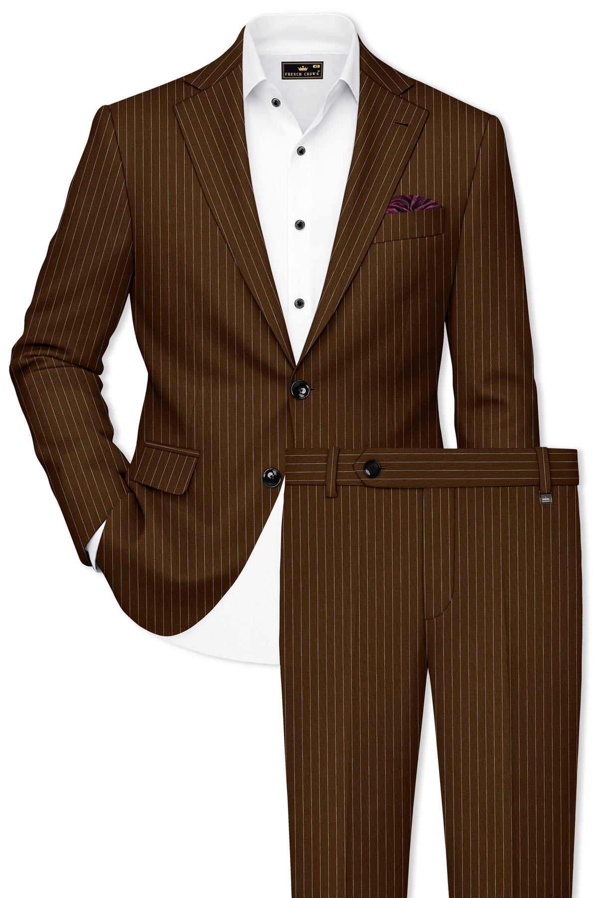 Everton-Clinker Brown Chalk Striped Wool Rich Wrinkle-Free Fluid Drape Fabric Single Breasted Suit