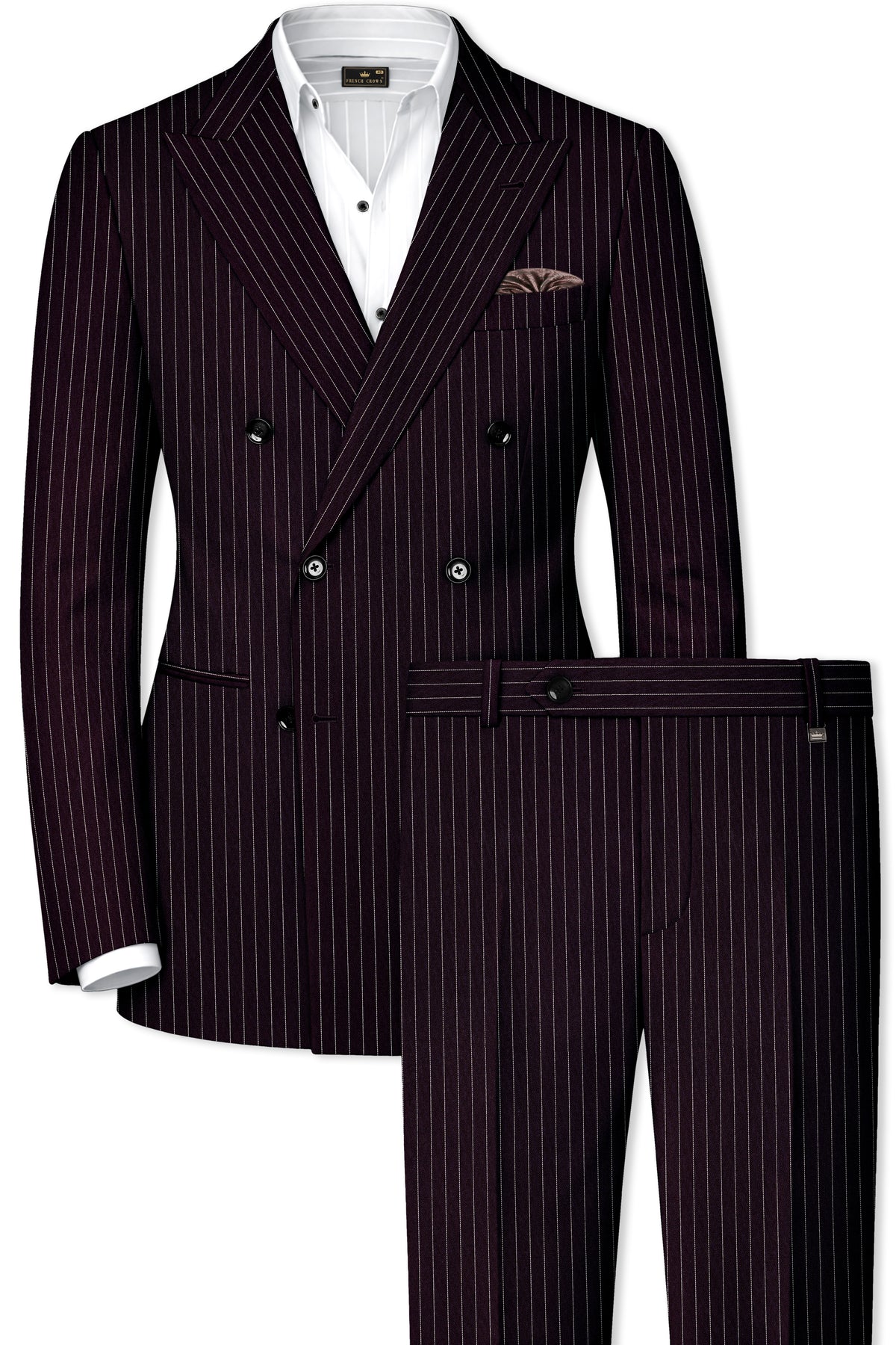 Vesper-Gondola Maroon Chalk Striped Wool Rich Wrinkle-Free Fluid Drape Fabric Double Breasted Suit