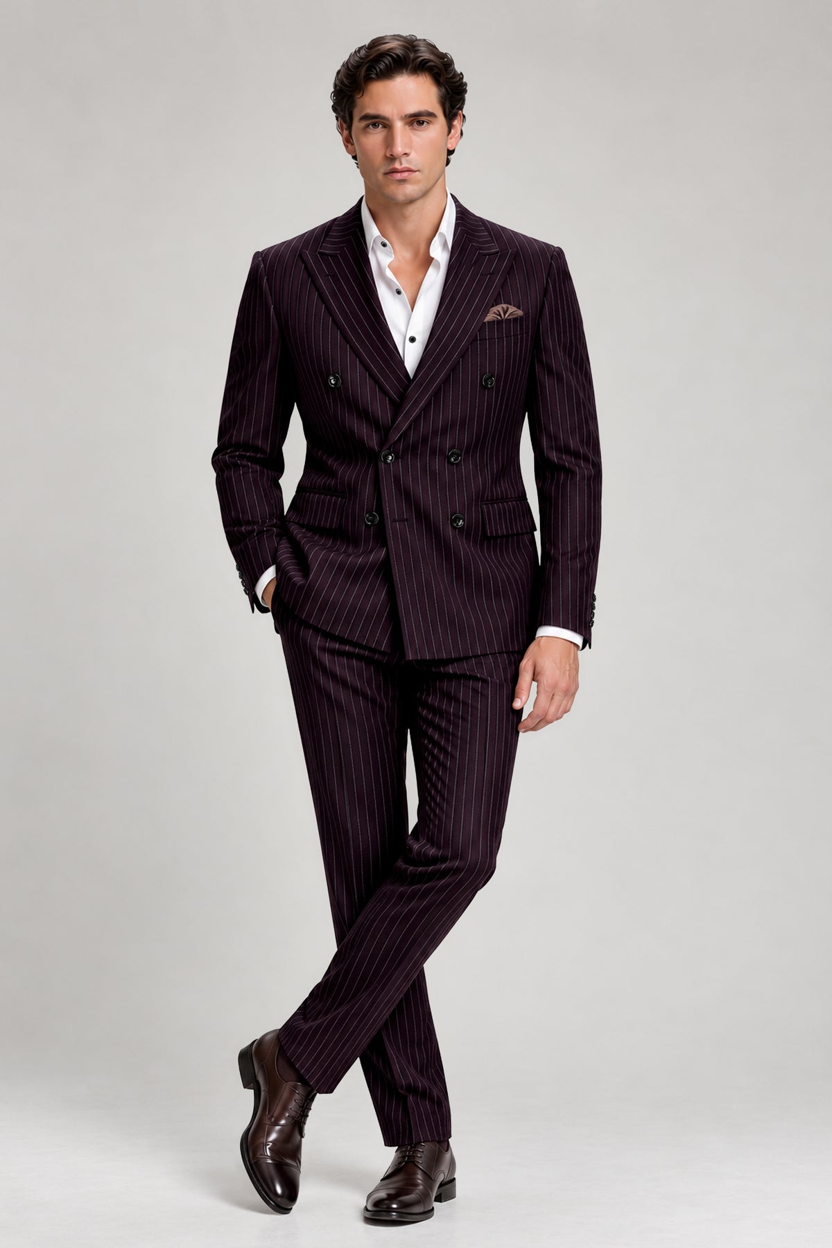 Vesper-Gondola Maroon Chalk Striped Wool Rich Wrinkle-Free Fluid Drape Fabric Double Breasted Suit