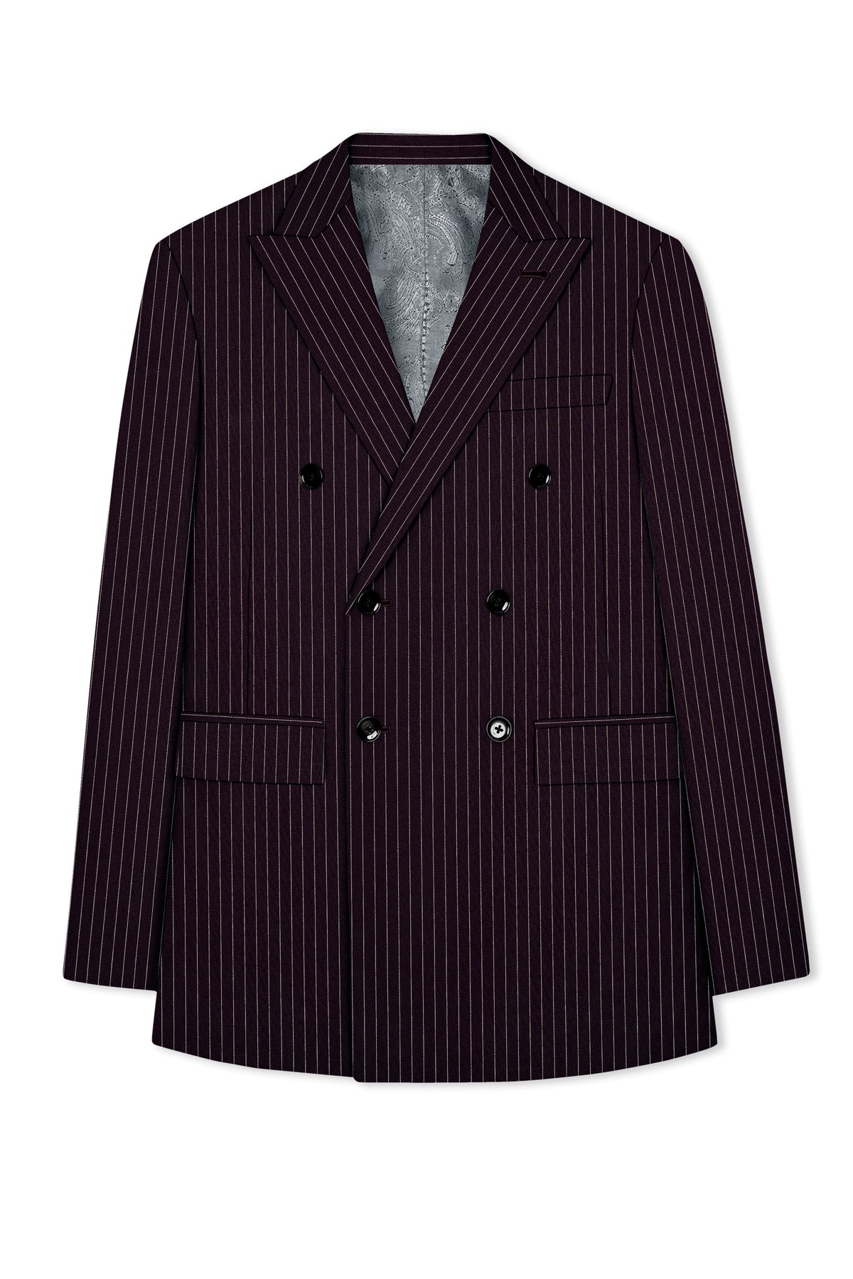 Vesper-Gondola Maroon Chalk Striped Wool Rich Wrinkle-Free Fluid Drape Fabric Double Breasted Suit