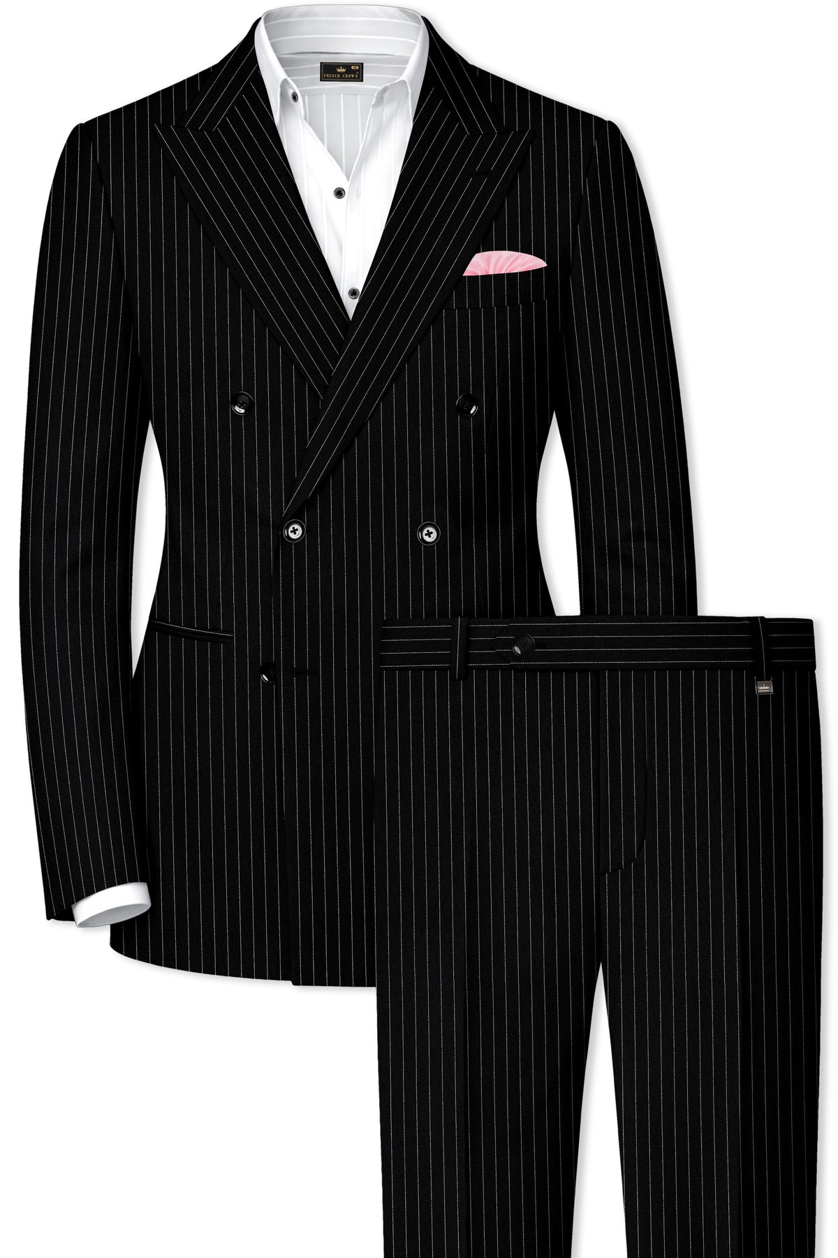 Noble-Jade Black Chalk Striped Wool Rich Wrinkle-Free Fluid Drape Fabric Double Breasted Suit