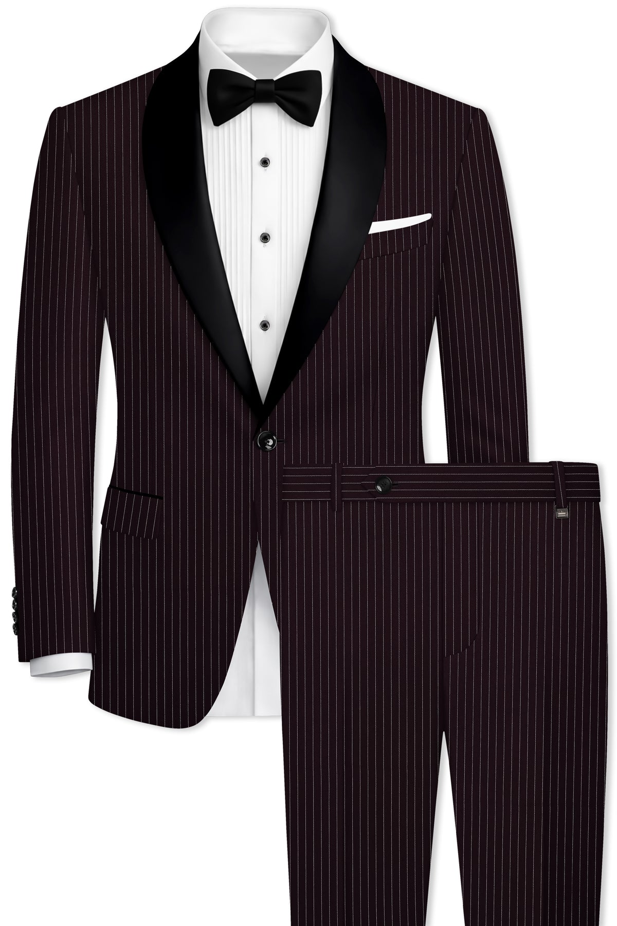 Vesper-Gondola Maroon Chalk Striped Wool Rich Wrinkle-Free Fluid Drape Fabric Tuxedo Suit