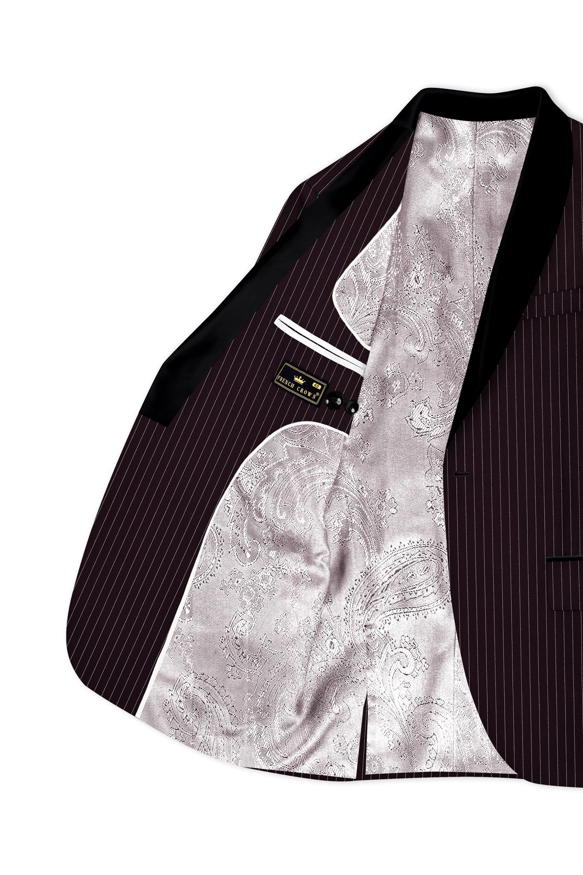 Vesper-Gondola Maroon Chalk Striped Wool Rich Wrinkle-Free Fluid Drape Fabric Tuxedo Suit