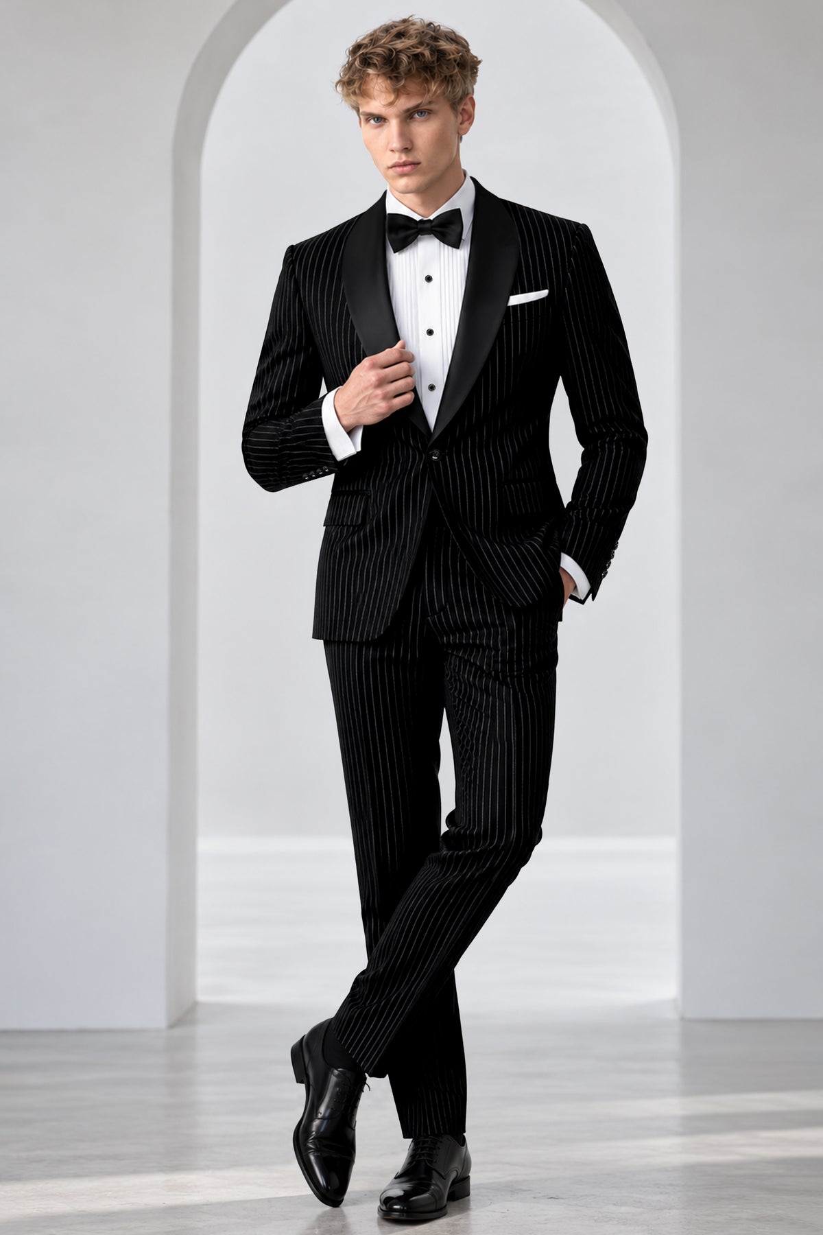 Noble-Jade Black Chalk Striped Wool Rich Wrinkle-Free Fluid Drape Fabric Tuxedo Suit