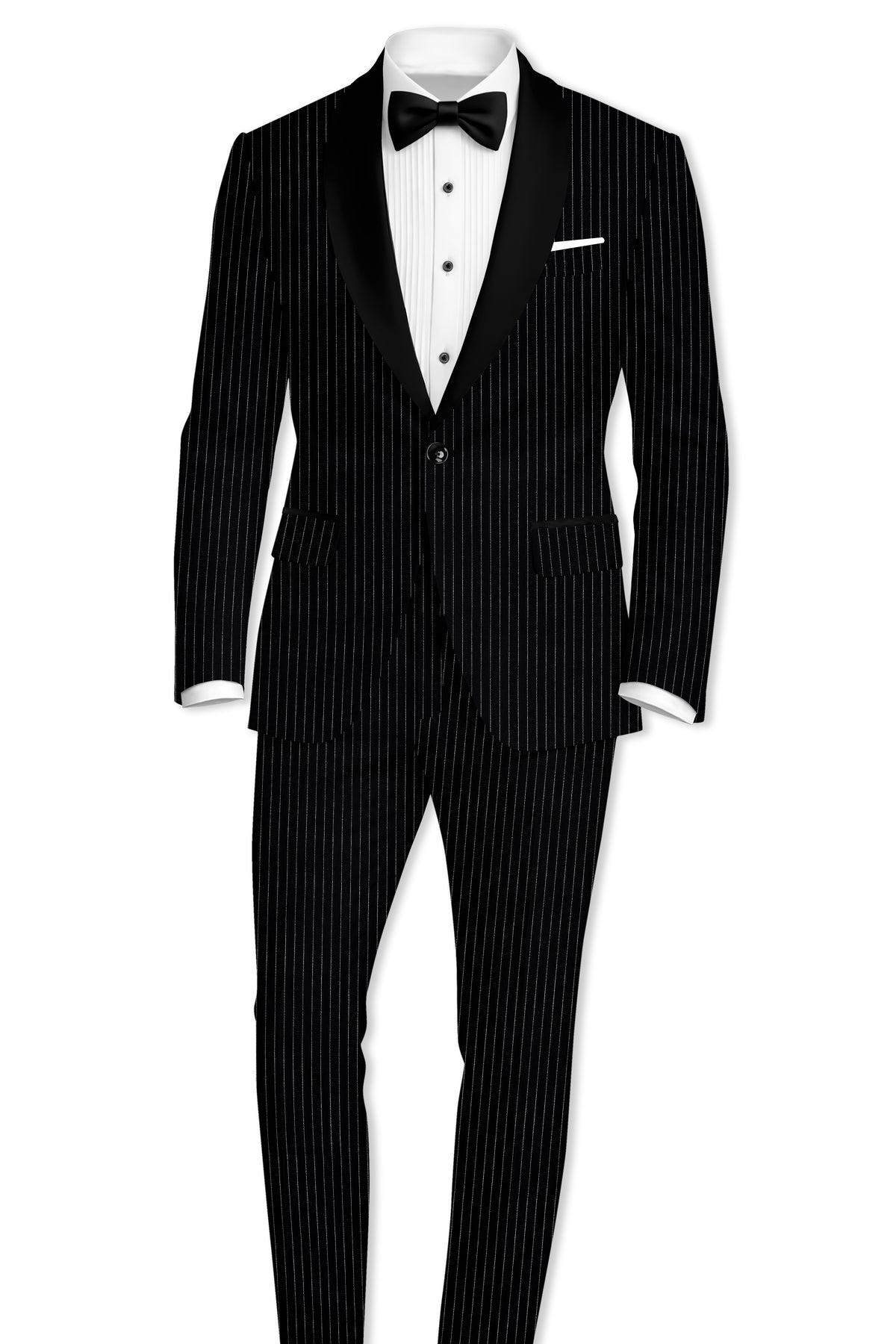 Noble-Jade Black Chalk Striped Wool Rich Wrinkle-Free Fluid Drape Fabric Tuxedo Suit