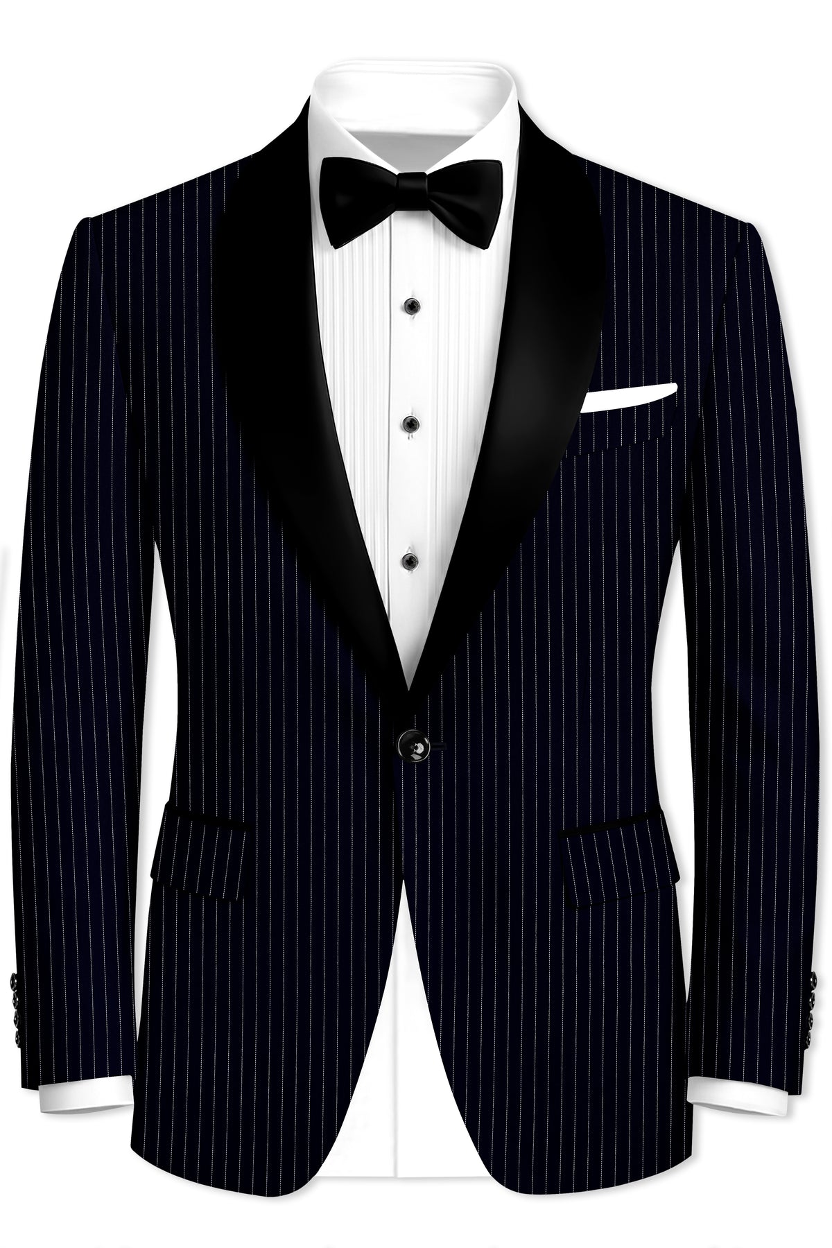 Windsor-Navy Blue Chalk Striped Wool Rich Wrinkle-Free Fluid Drape Fabric Tuxedo Suit