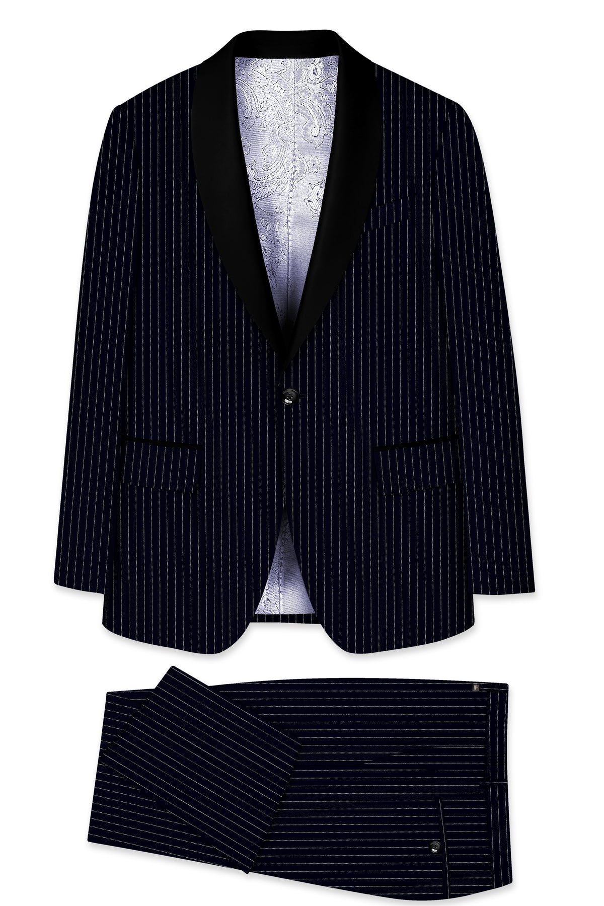 Windsor-Navy Blue Chalk Striped Wool Rich Wrinkle-Free Fluid Drape Fabric Tuxedo Suit
