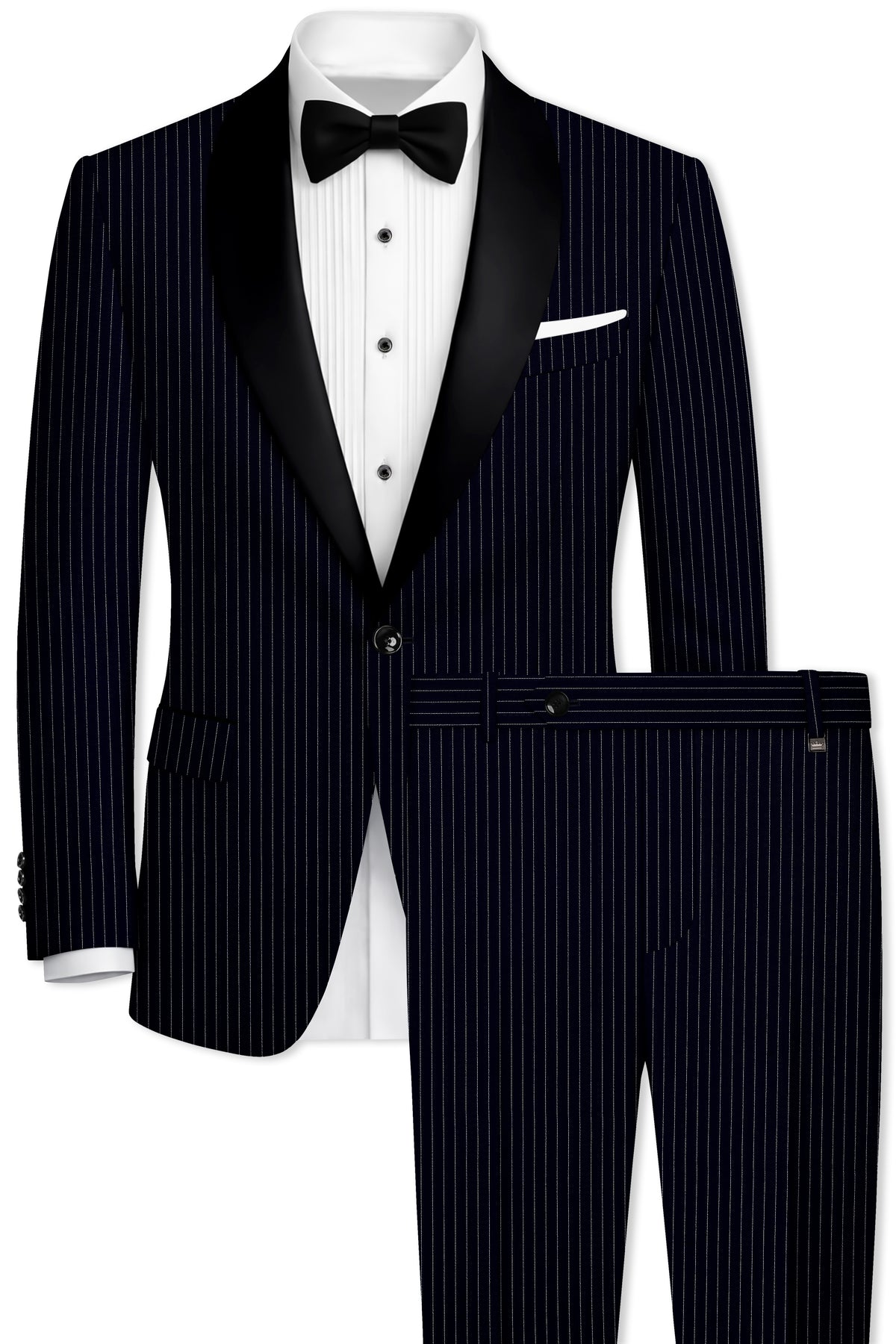 Windsor-Navy Blue Chalk Striped Wool Rich Wrinkle-Free Fluid Drape Fabric Tuxedo Suit