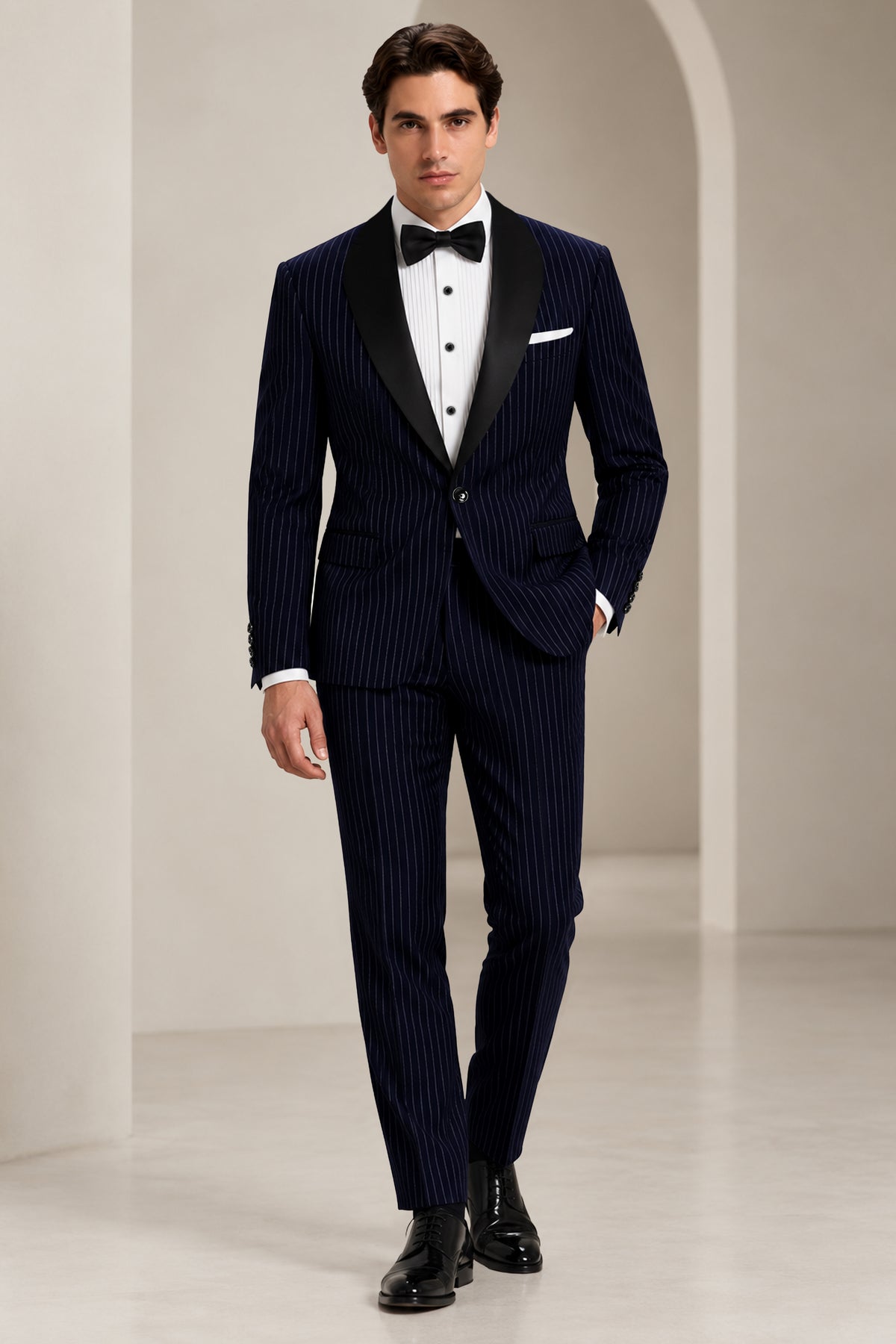 Windsor-Navy Blue Chalk Striped Wool Rich Wrinkle-Free Fluid Drape Fabric Tuxedo Suit