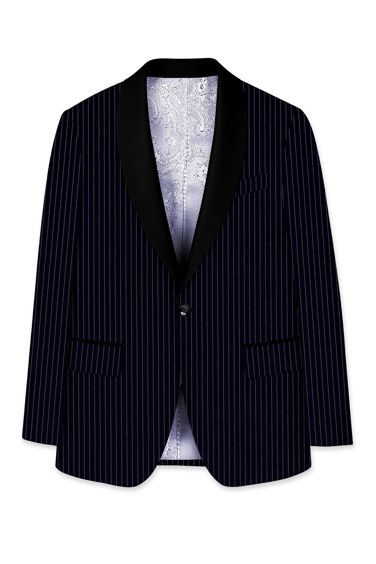 Windsor-Navy Blue Chalk Striped Wool Rich Wrinkle-Free Fluid Drape Fabric Tuxedo Suit