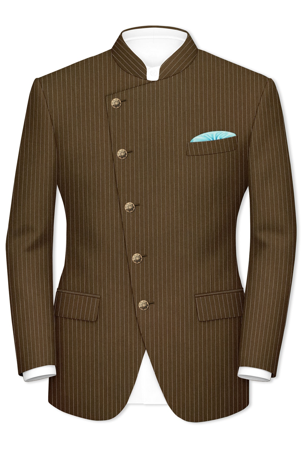 Sable-Antique Brown Chalk Striped Wool Rich Wrinkle-Free Fluid Drape Fabric Cross Bandhgala Suit