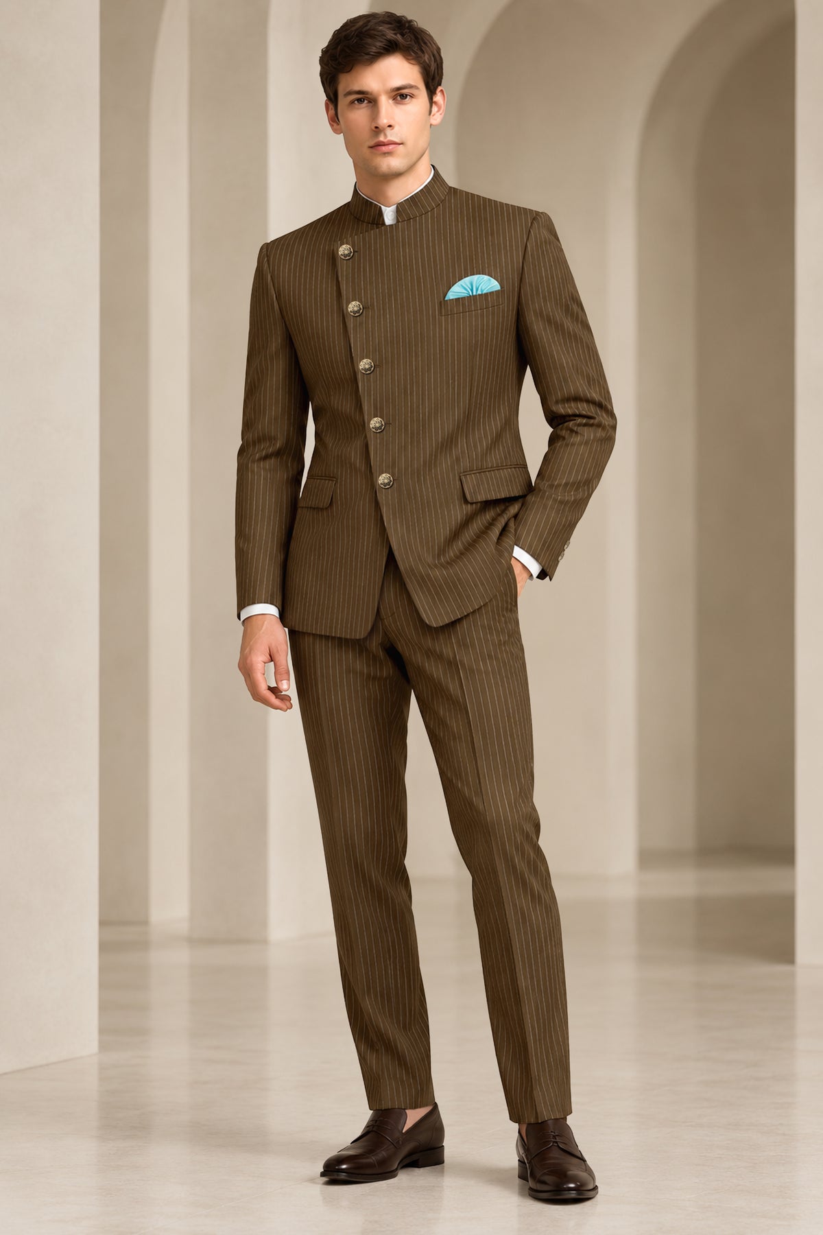 Sable-Antique Brown Chalk Striped Wool Rich Wrinkle-Free Fluid Drape Fabric Cross Bandhgala Suit