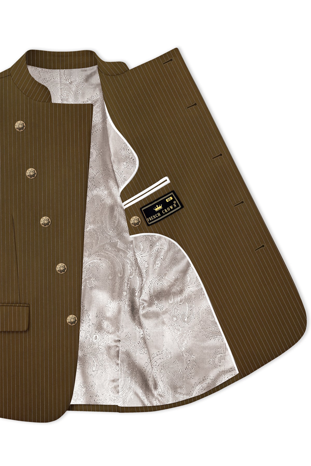 Sable-Antique Brown Chalk Striped Wool Rich Wrinkle-Free Fluid Drape Fabric Cross Bandhgala Suit