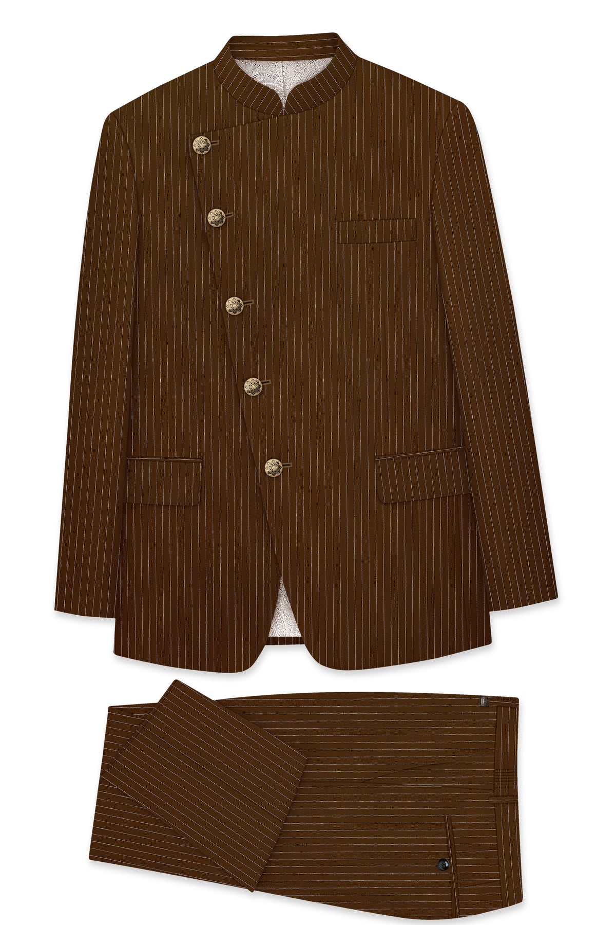 Everton-Clinker Brown Chalk Striped Wool Rich Wrinkle-Free Fluid Drape Fabric Cross Bandhgala Suit