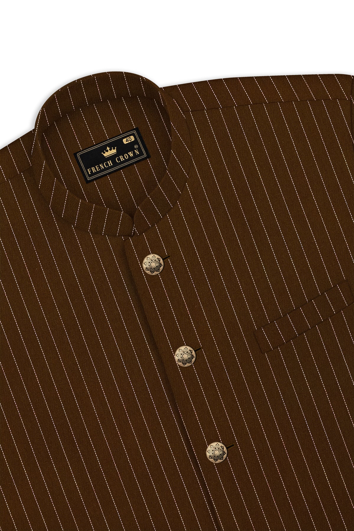 Everton-Clinker Brown Chalk Striped Wool Rich Wrinkle-Free Fluid Drape Fabric Cross Bandhgala Suit