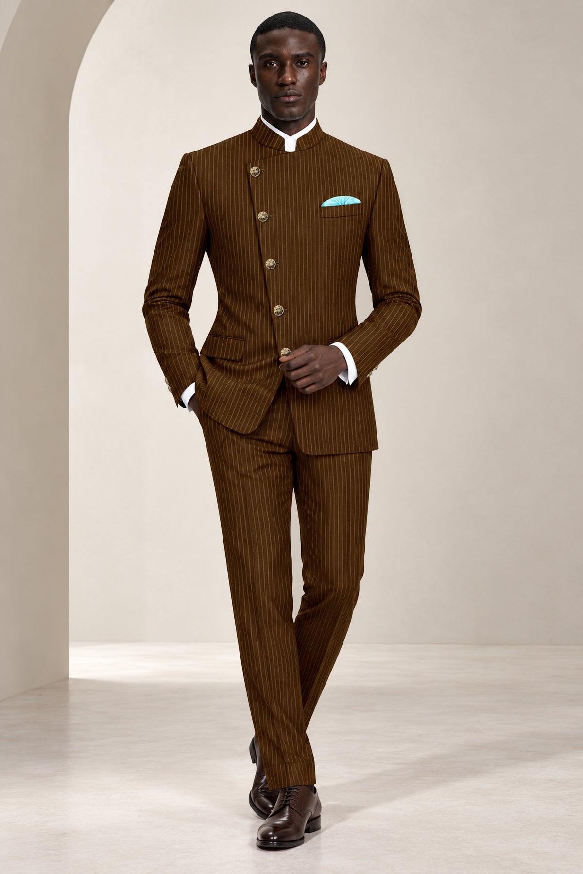 Everton-Clinker Brown Chalk Striped Wool Rich Wrinkle-Free Fluid Drape Fabric Cross Bandhgala Suit