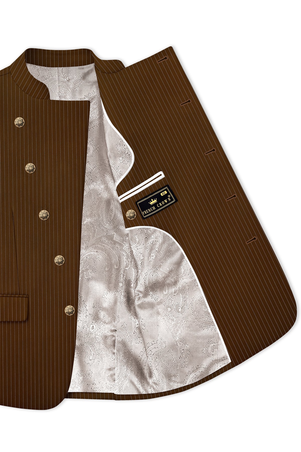 Everton-Clinker Brown Chalk Striped Wool Rich Wrinkle-Free Fluid Drape Fabric Cross Bandhgala Suit