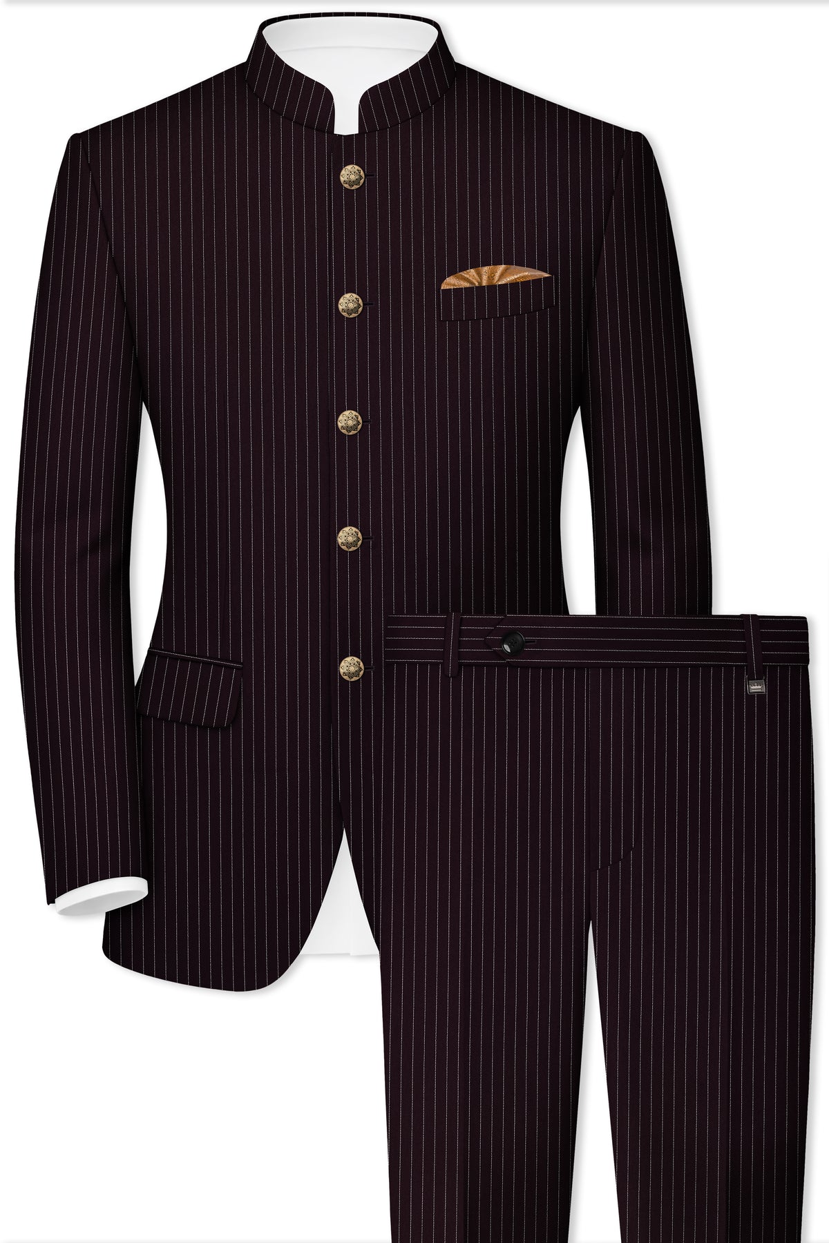 Vesper-Gondola Maroon Chalk Striped Wool Rich Wrinkle-Free Fluid Drape Fabric Bandhgala Suit
