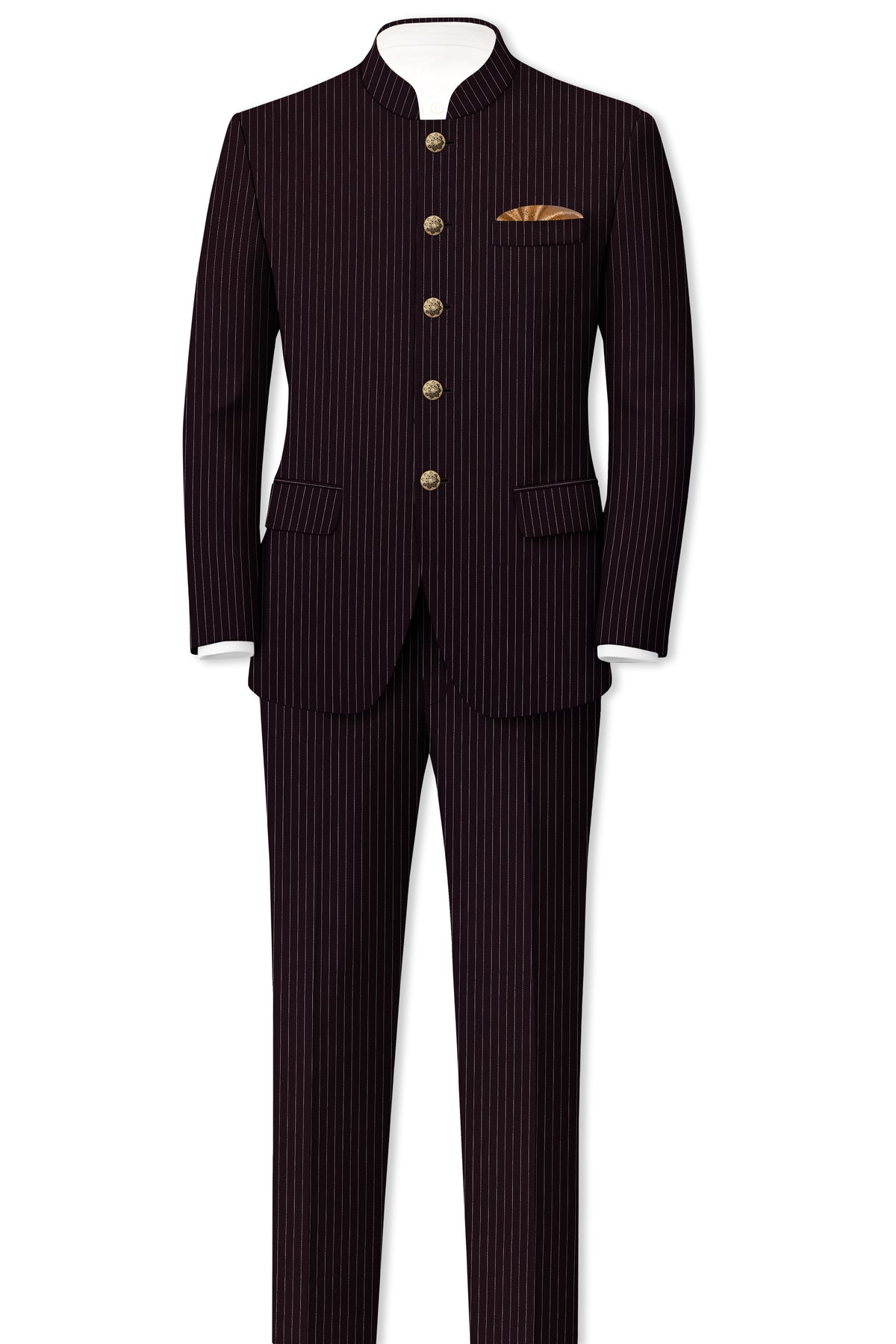 Vesper-Gondola Maroon Chalk Striped Wool Rich Wrinkle-Free Fluid Drape Fabric Bandhgala Suit
