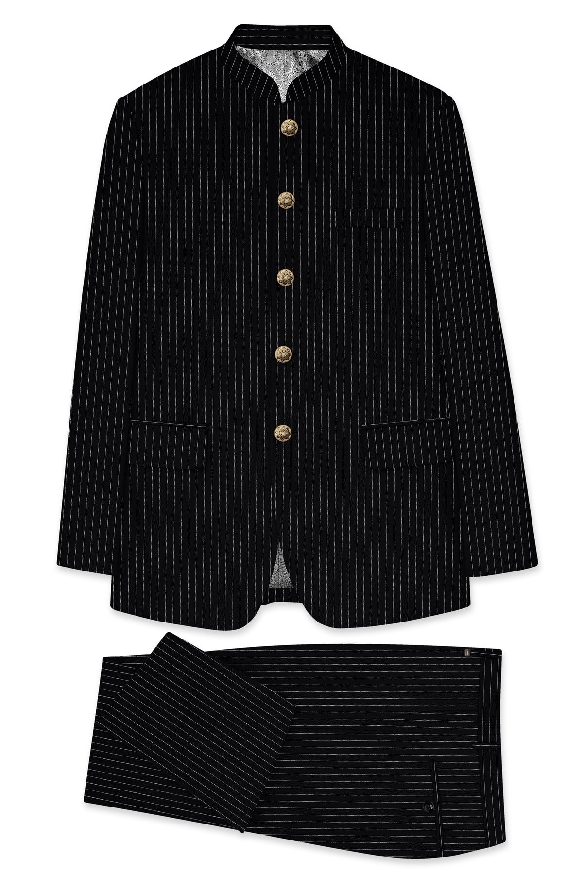 Noble-Jade Black Chalk Striped Wool Rich Wrinkle-Free Fluid Drape Fabric Bandhgala Suit