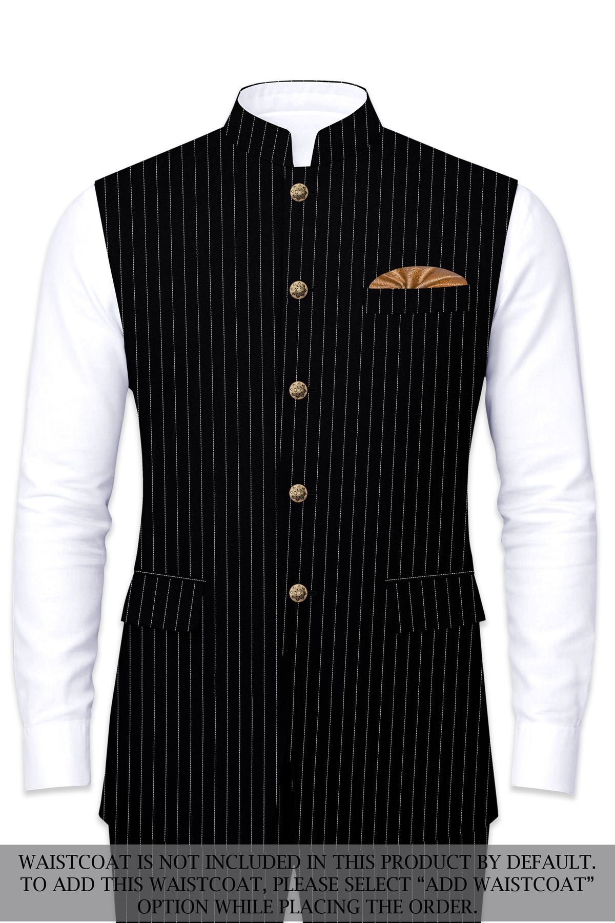 Noble-Jade Black Chalk Striped Wool Rich Wrinkle-Free Fluid Drape Fabric Bandhgala Suit