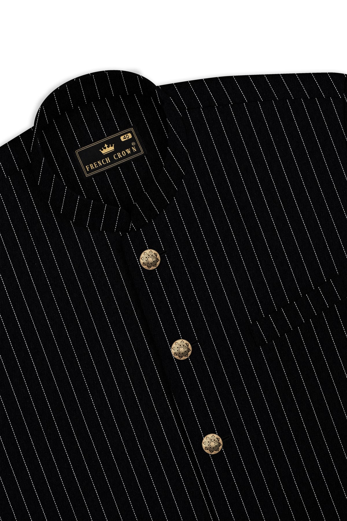 Noble-Jade Black Chalk Striped Wool Rich Wrinkle-Free Fluid Drape Fabric Bandhgala Suit
