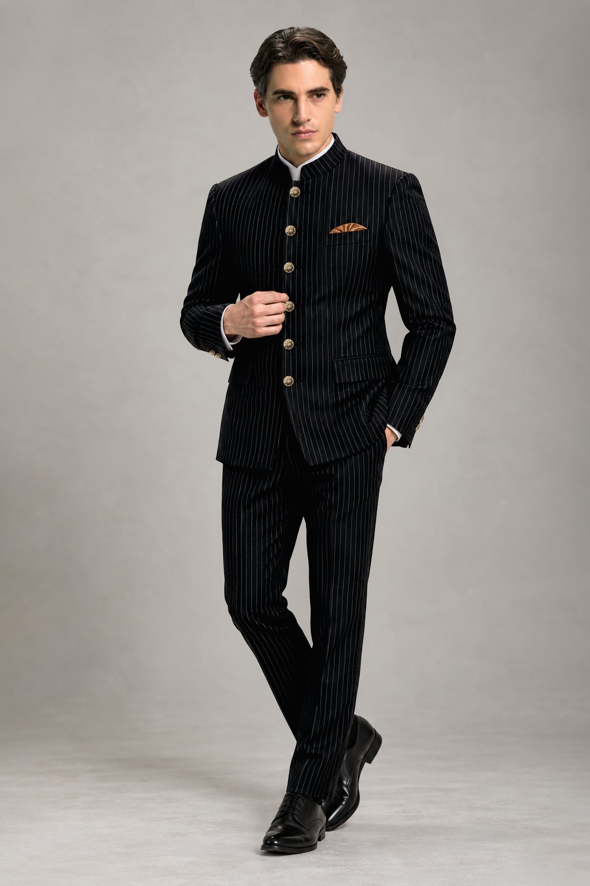 Noble-Jade Black Chalk Striped Wool Rich Wrinkle-Free Fluid Drape Fabric Bandhgala Suit