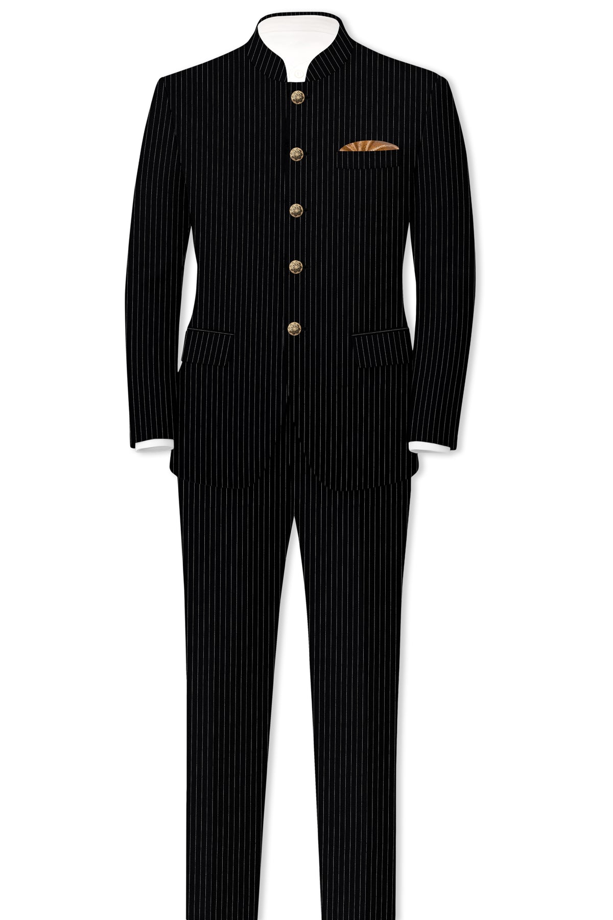 Noble-Jade Black Chalk Striped Wool Rich Wrinkle-Free Fluid Drape Fabric Bandhgala Suit