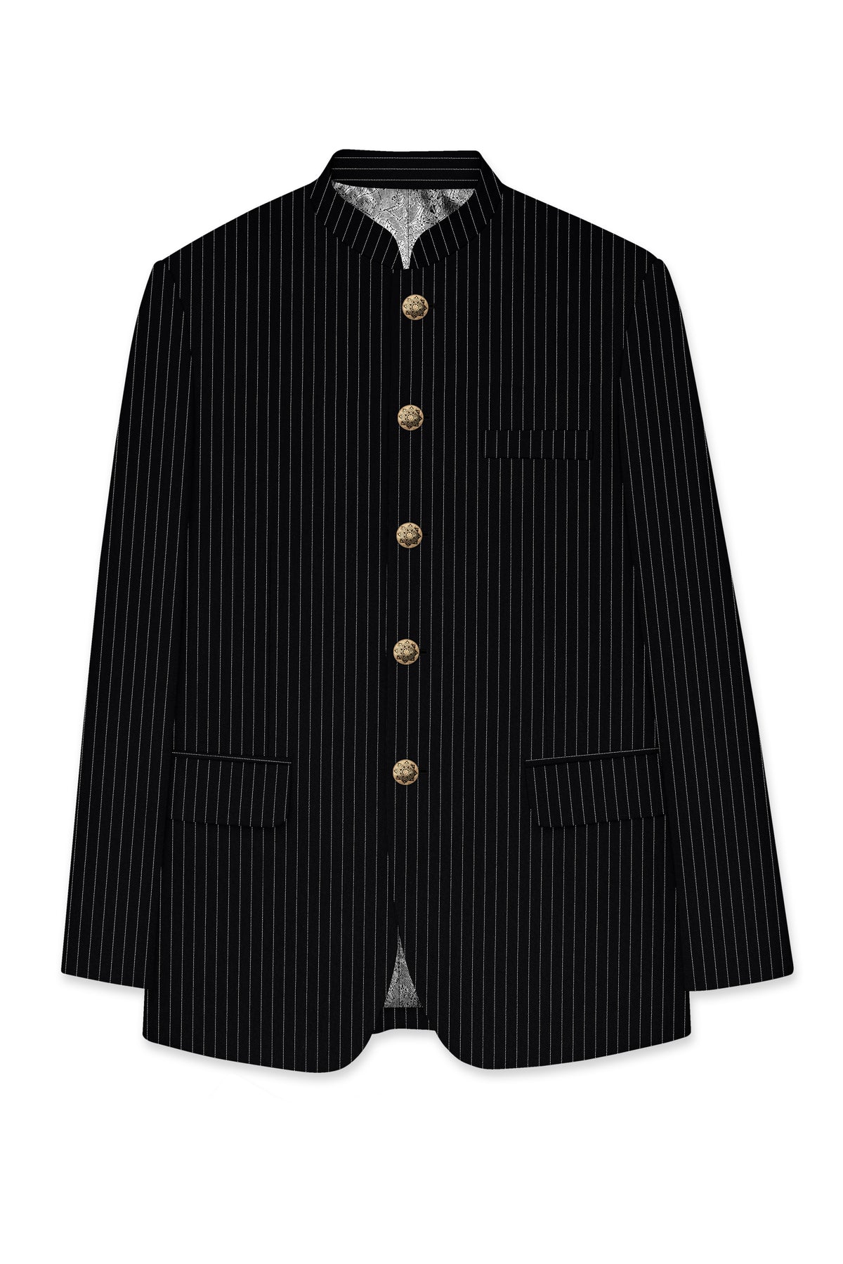Noble-Jade Black Chalk Striped Wool Rich Wrinkle-Free Fluid Drape Fabric Bandhgala Suit