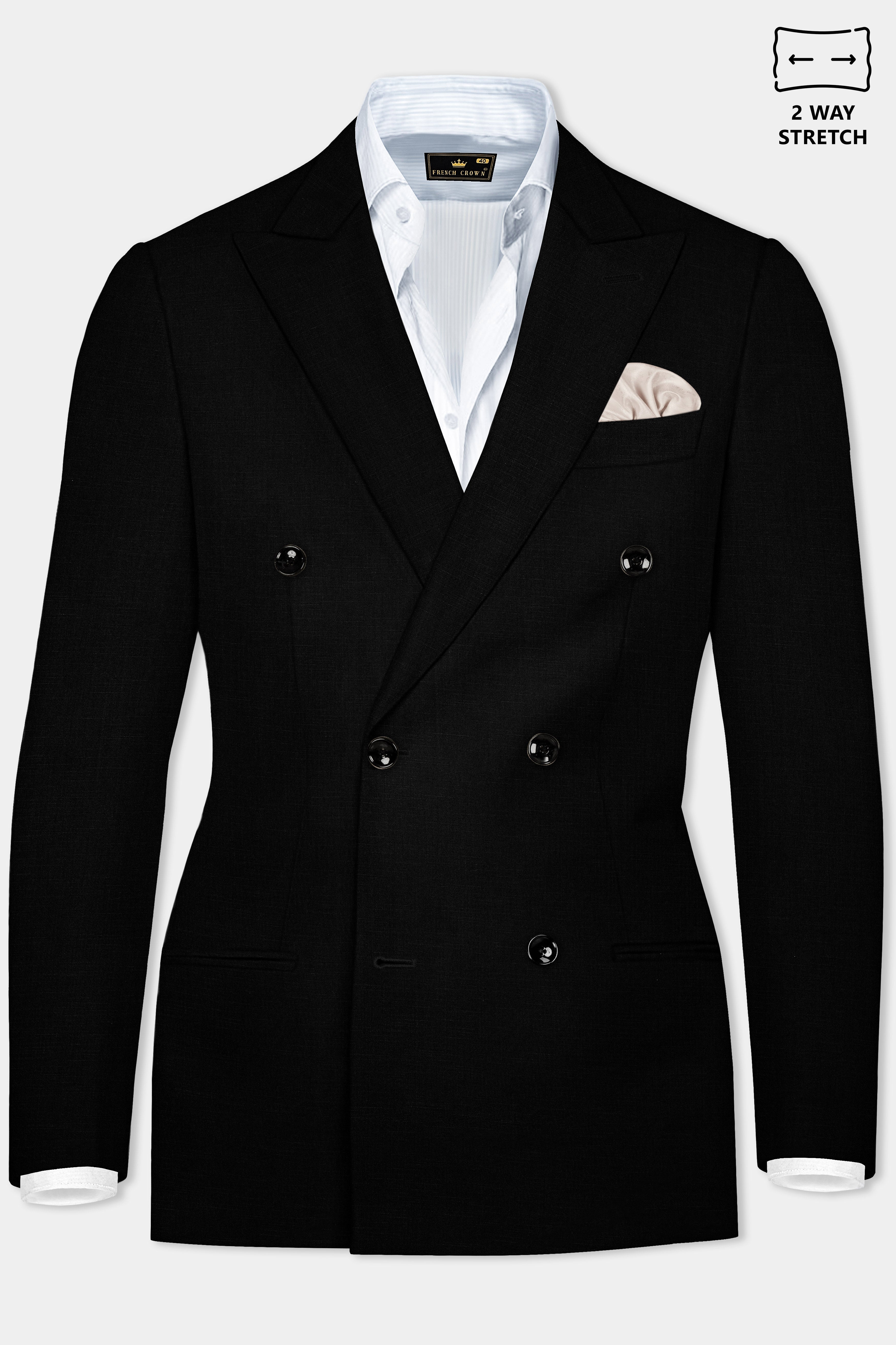 Black Plain Solid Double Breasted Premium Terry Rayon Suits For Men