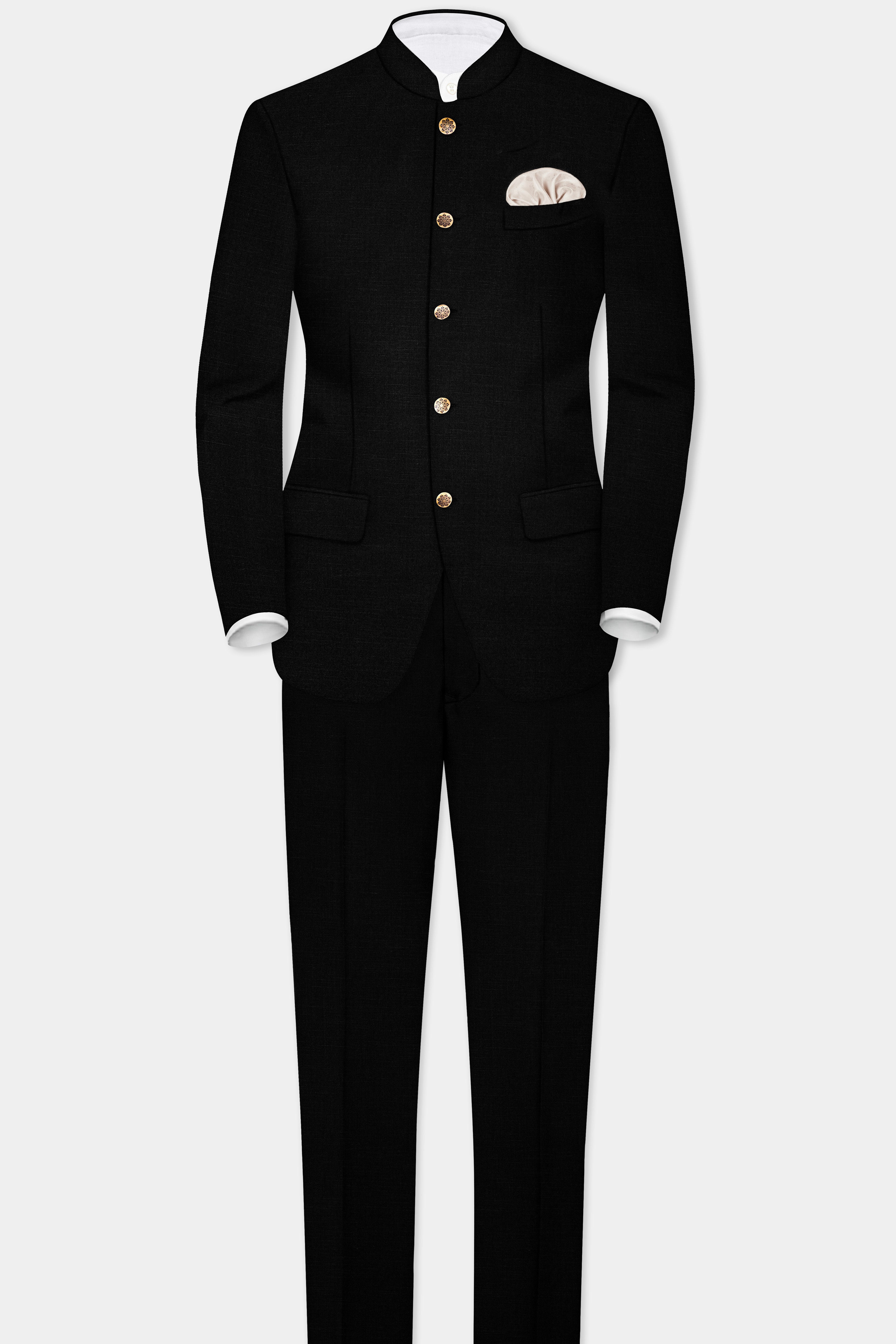 Jade Black Stretchable Subtle Sheen Bandhgala/Mandarin Wool blend Suit