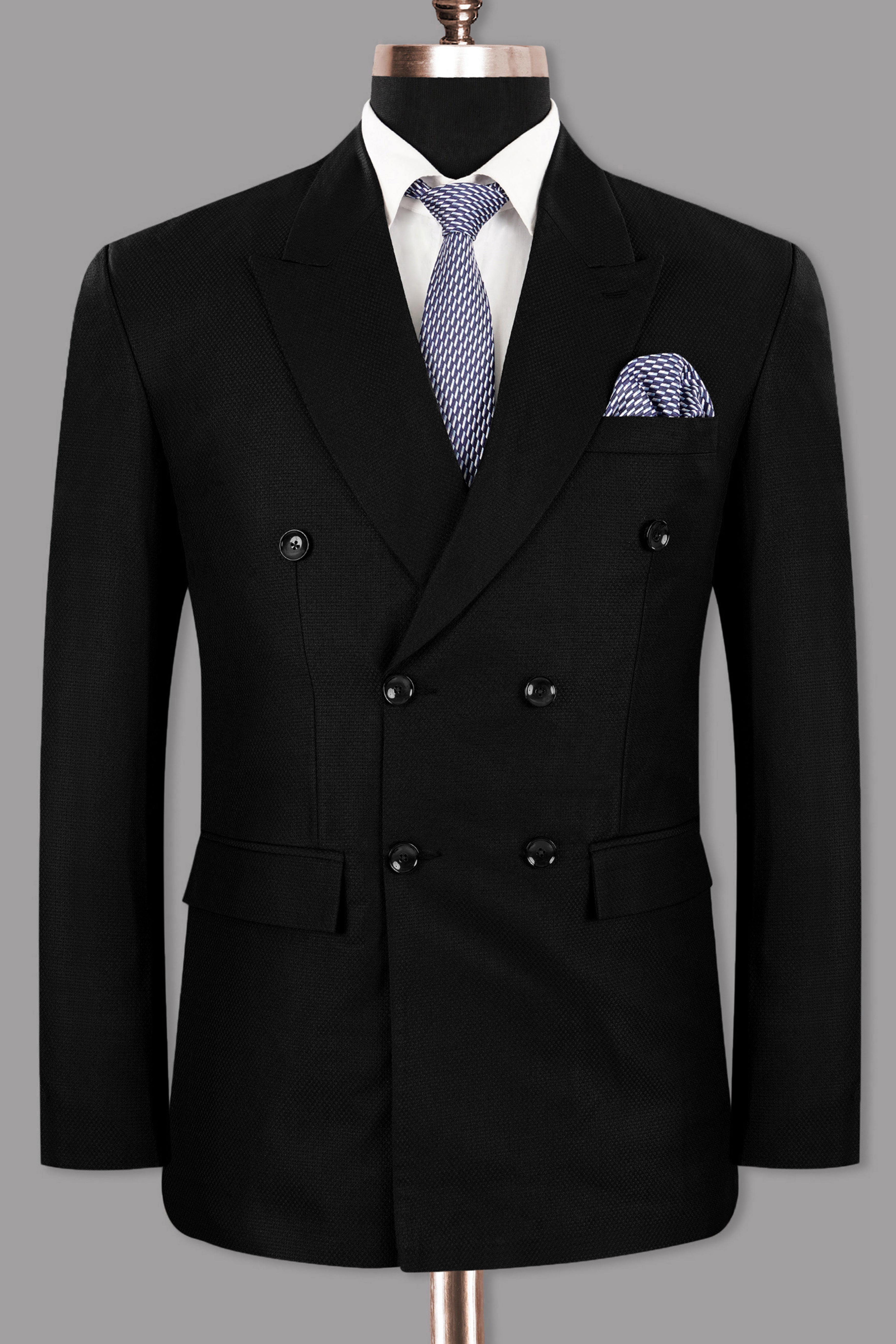 Jade black Diamond Textured Wool Blend Double Breasted Suit