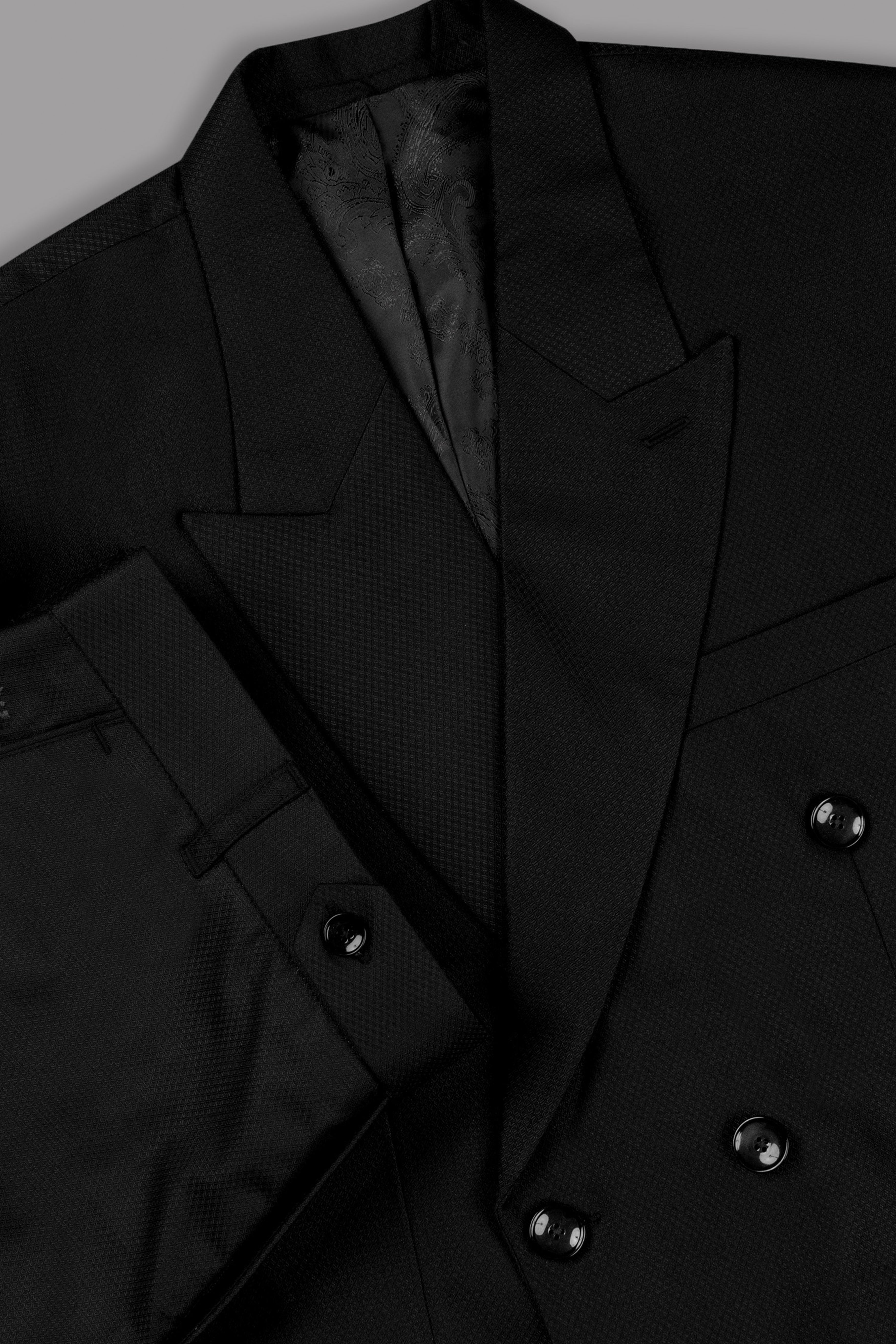 Jade black Diamond Textured Wool Blend Double Breasted Suit