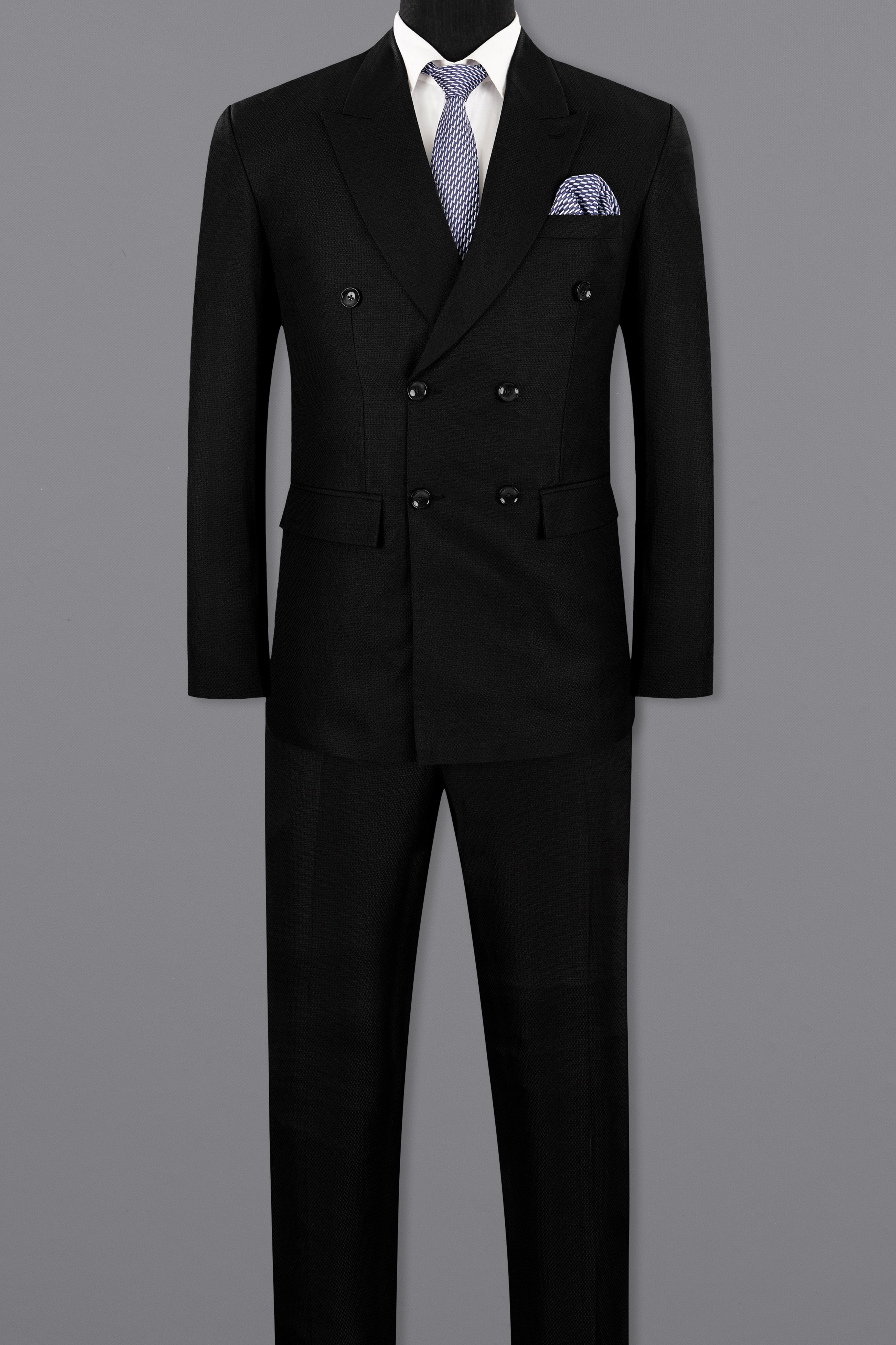 Jade black Diamond Textured Wool Blend Double Breasted Suit