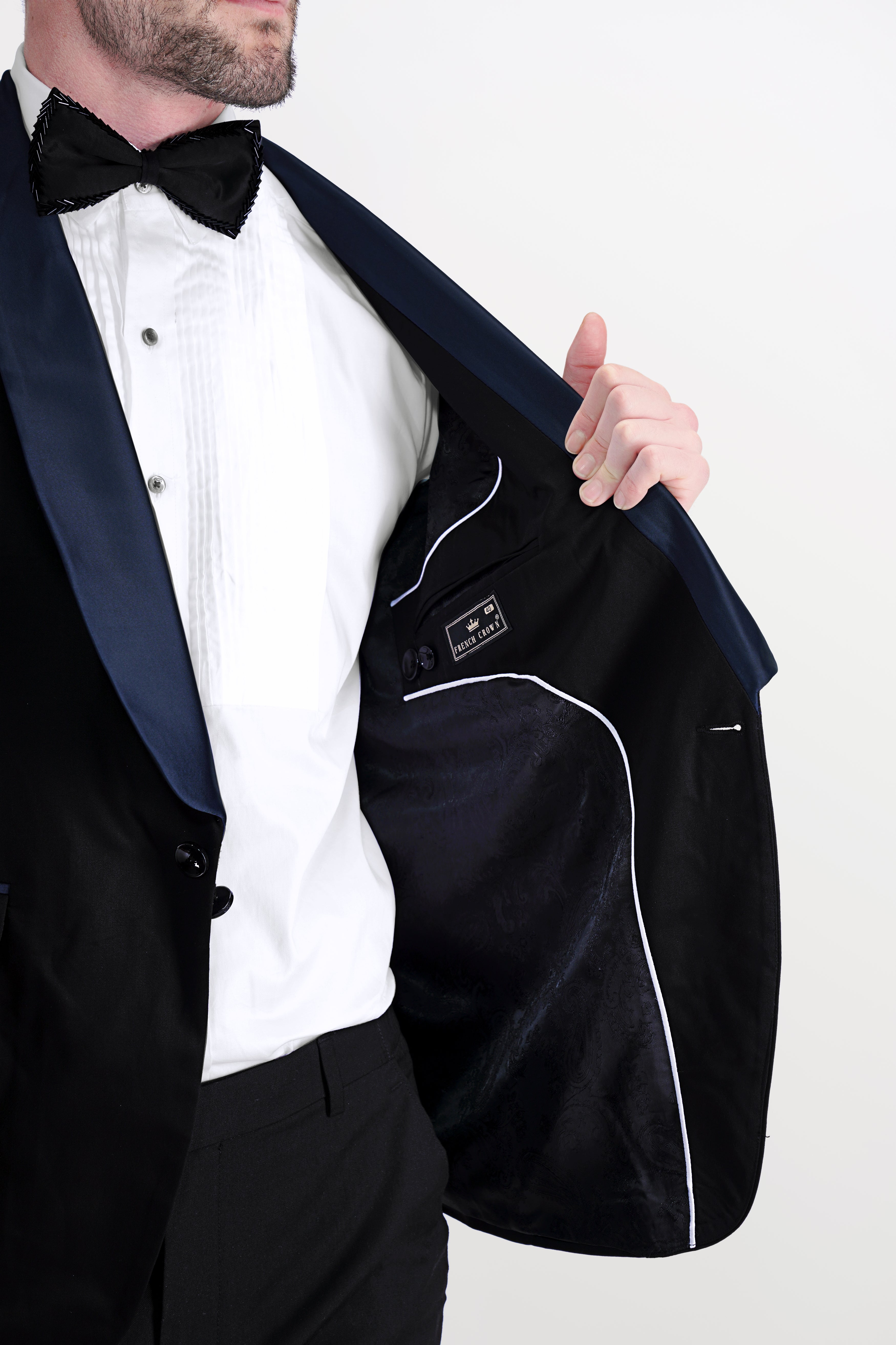 Jade Black Stretchable Subtle Sheen with Blue lapel Tuxedo Suit