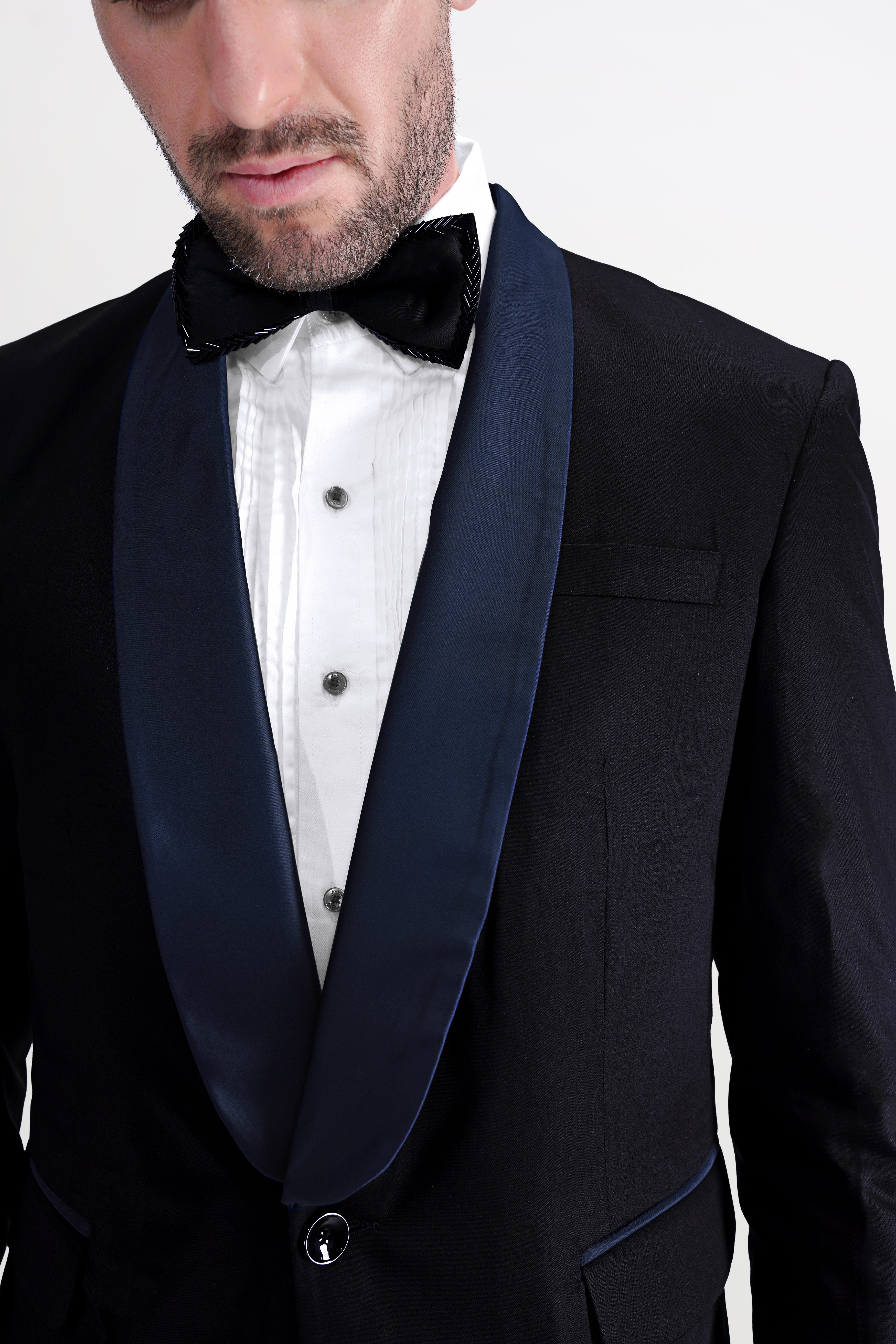 Jade Black Stretchable Subtle Sheen with Blue lapel Tuxedo Suit